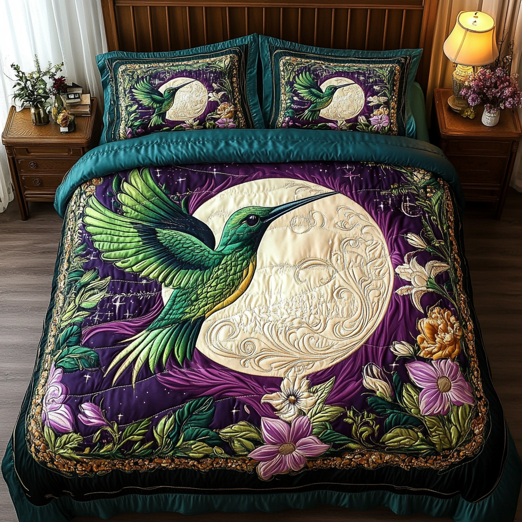 Hummingbird Glow Quilted Bedding Set Holiday Season Duvet Cover Set Best Hummingbird Lover Gifts For Her