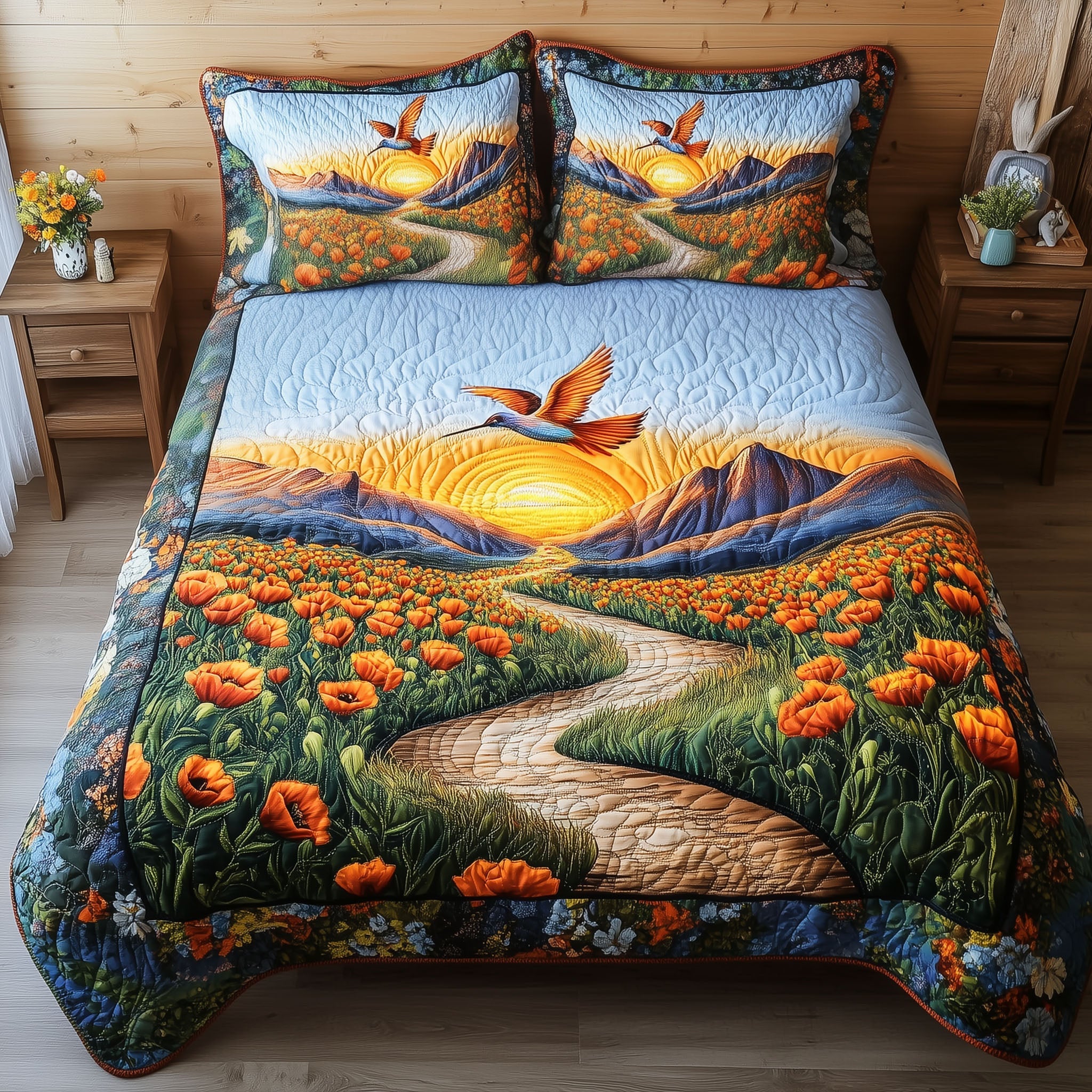 Hummingbird Harmony Quilted Bedding Set Luxury Comforter Gift Set for Him or Her