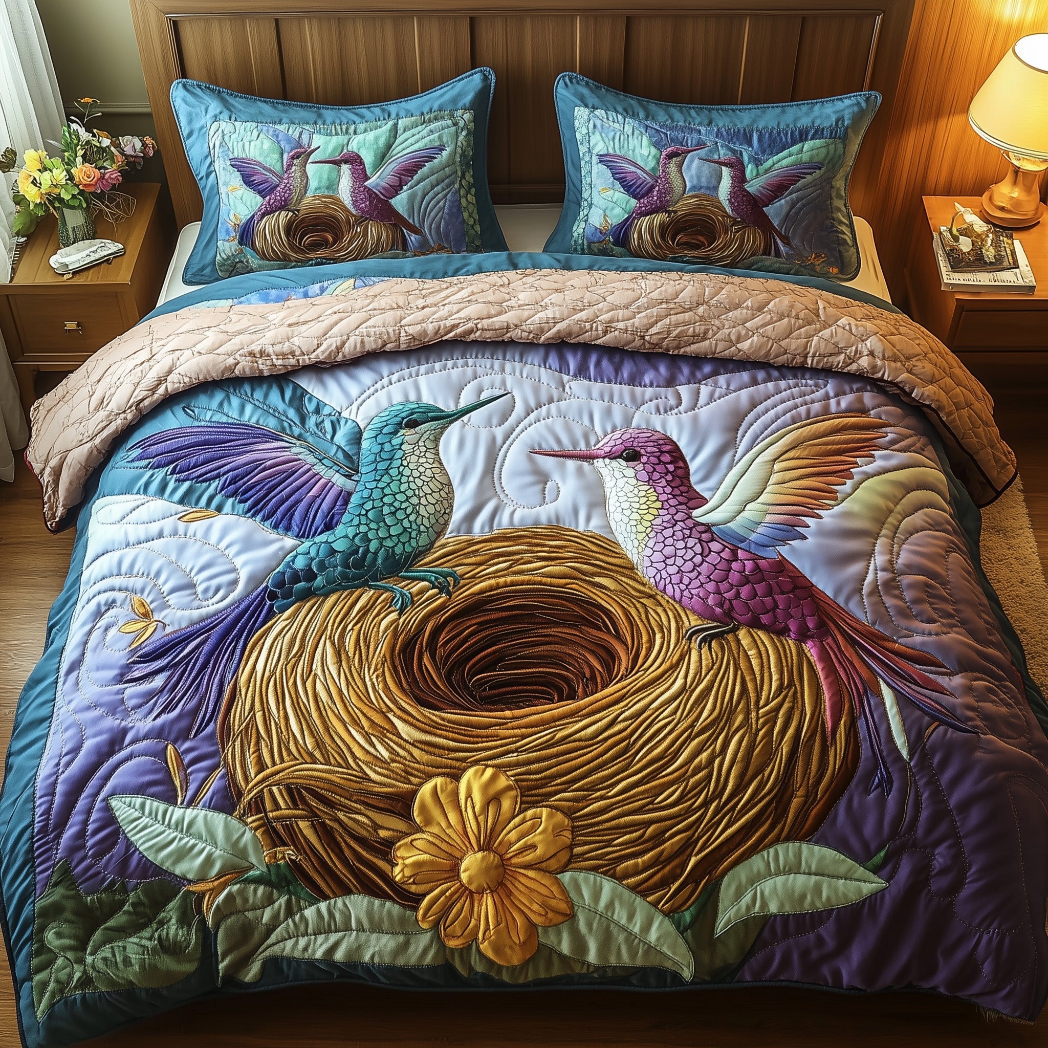 Hummingbird Haven Quilted Bedding Set Duvet Cover Bedspread Best Gifts For Hummingbird Lovers