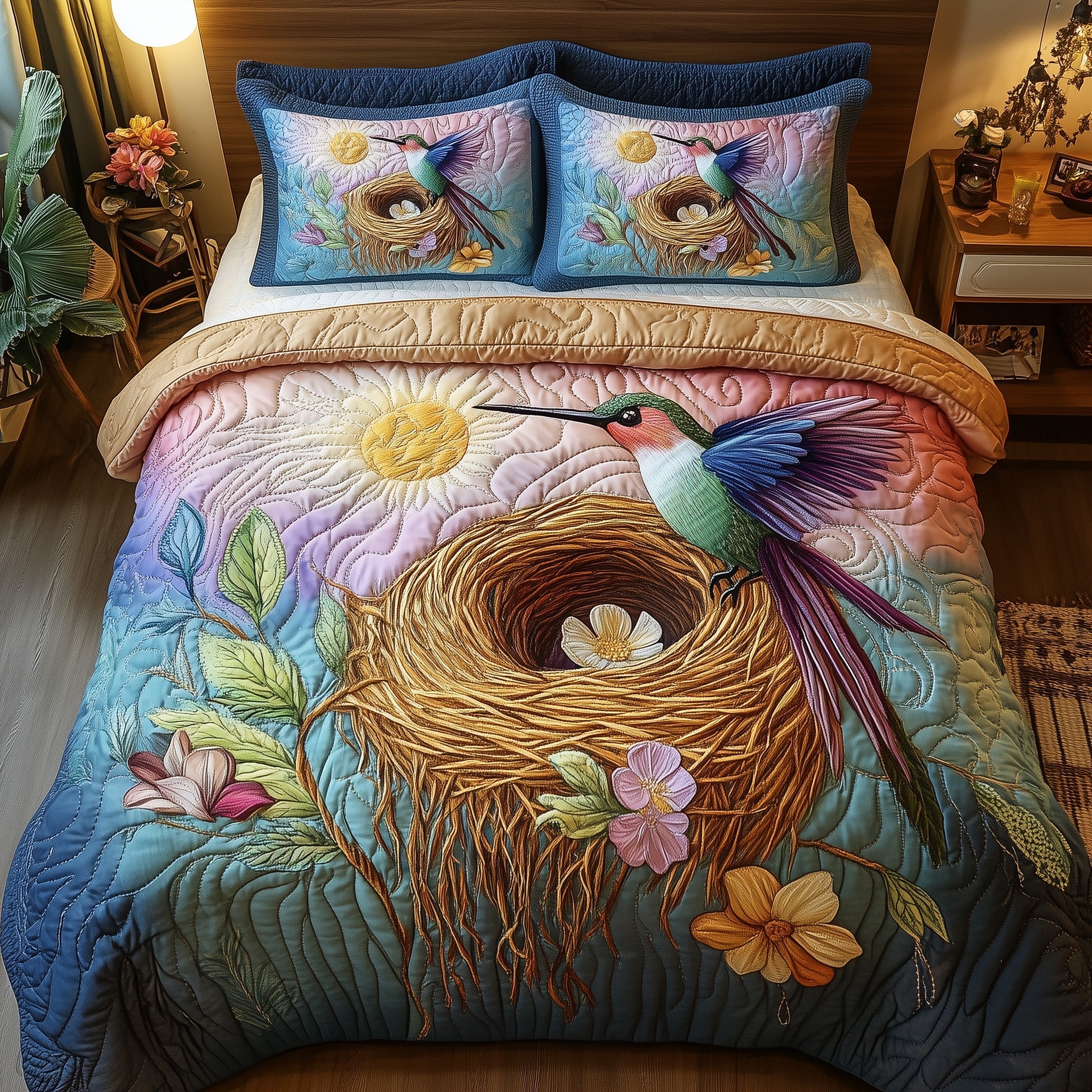 Hummingbird Haven Quilted Bedding Set Duvet Cover Bedspread Hummingbird Feeder Gift