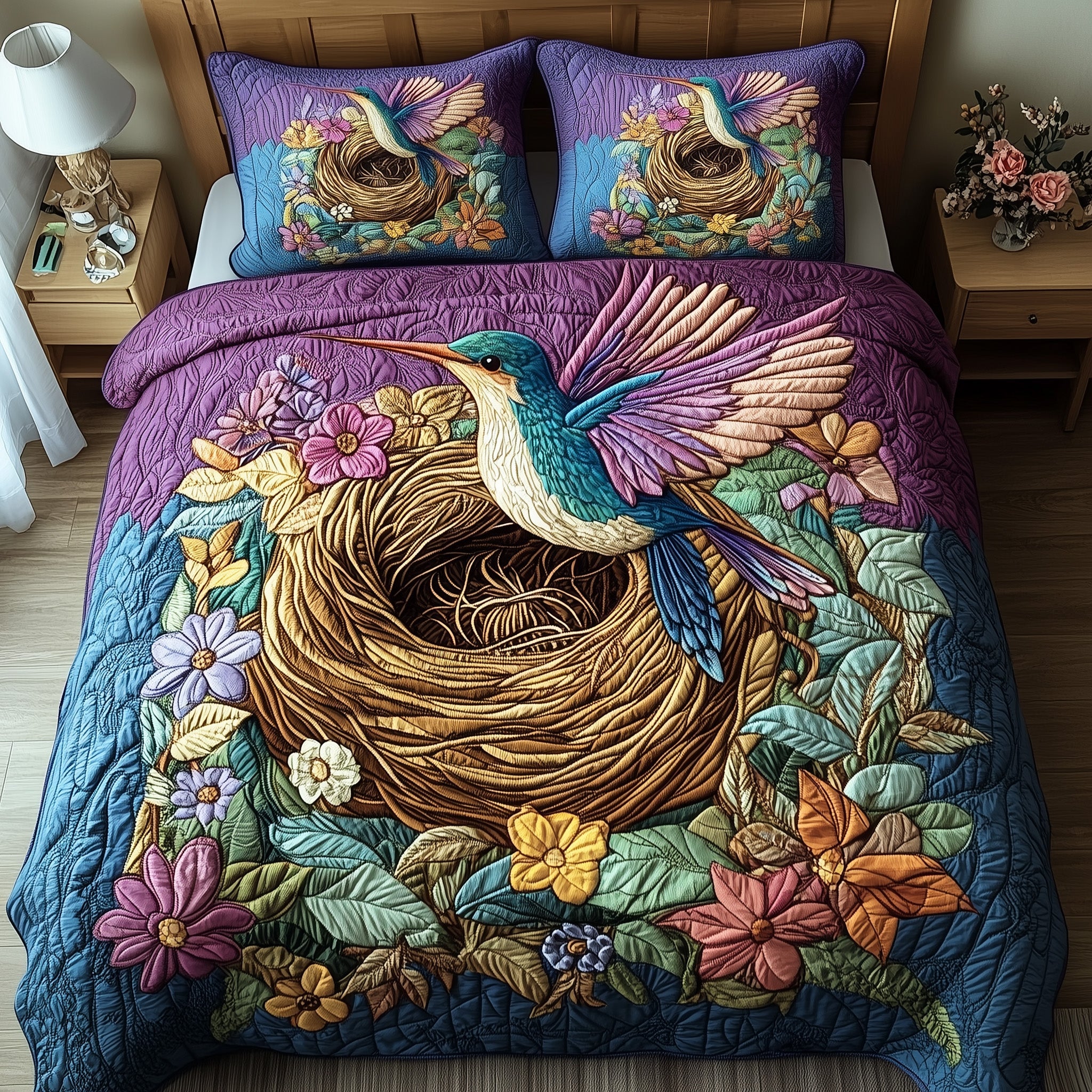 Hummingbird Haven Quilted Bedding Set Duvet Cover Bedspread Unique Gifts For Hummingbird Lovers