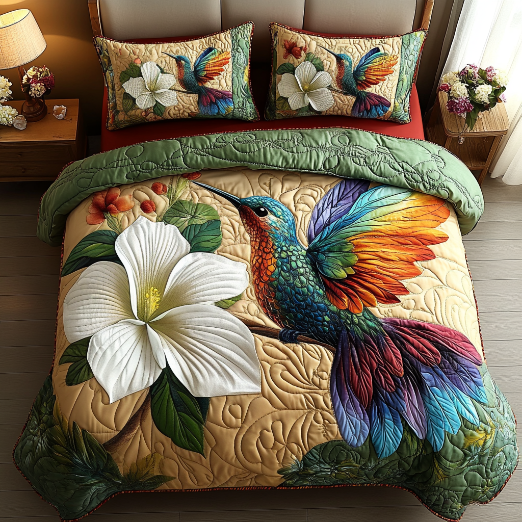 Hummingbird Haven Quilted Bedding Set Perfect Bedding Gift Set for Family and Friends