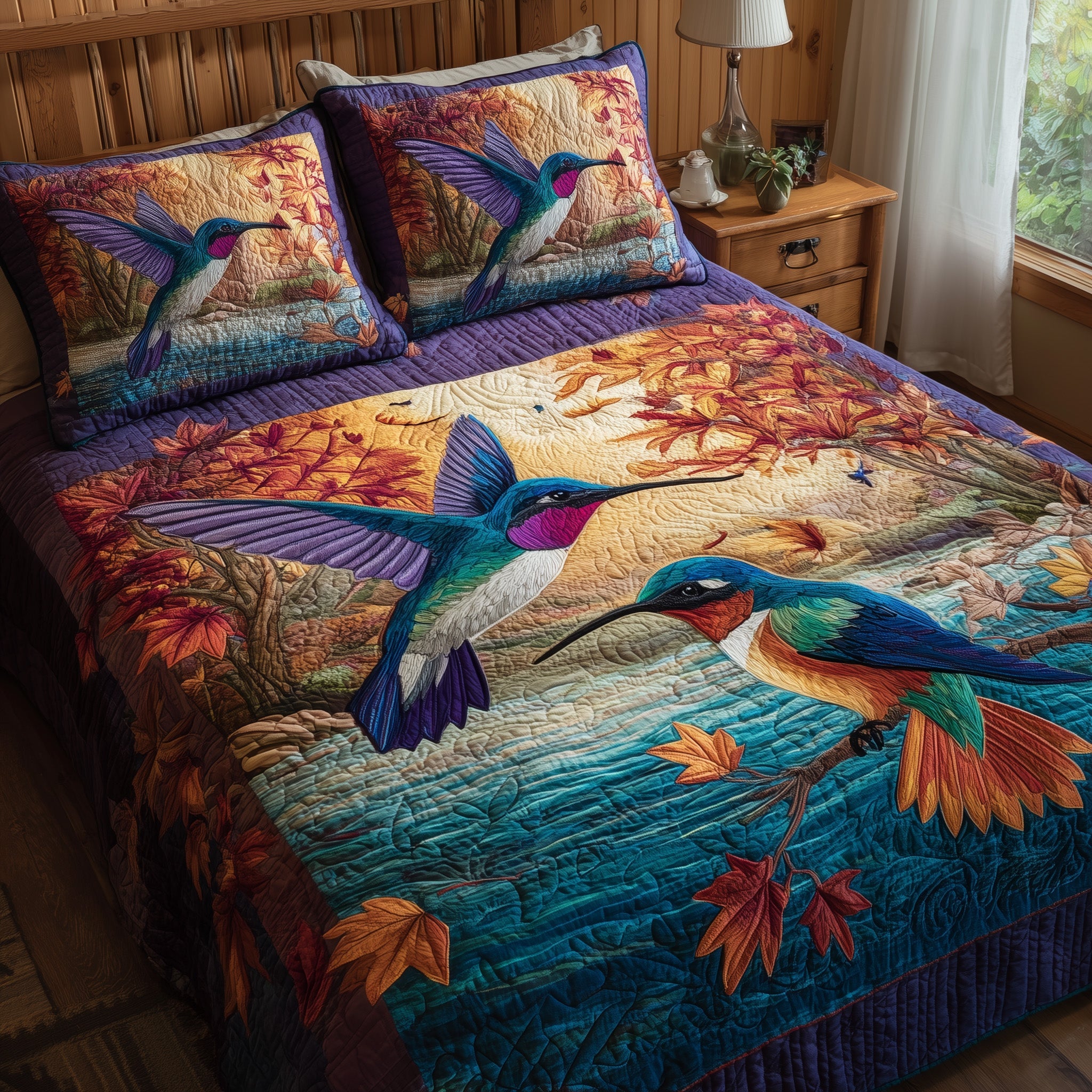 Hummingbird Heaven Quilted Bedding Set Linen Blend