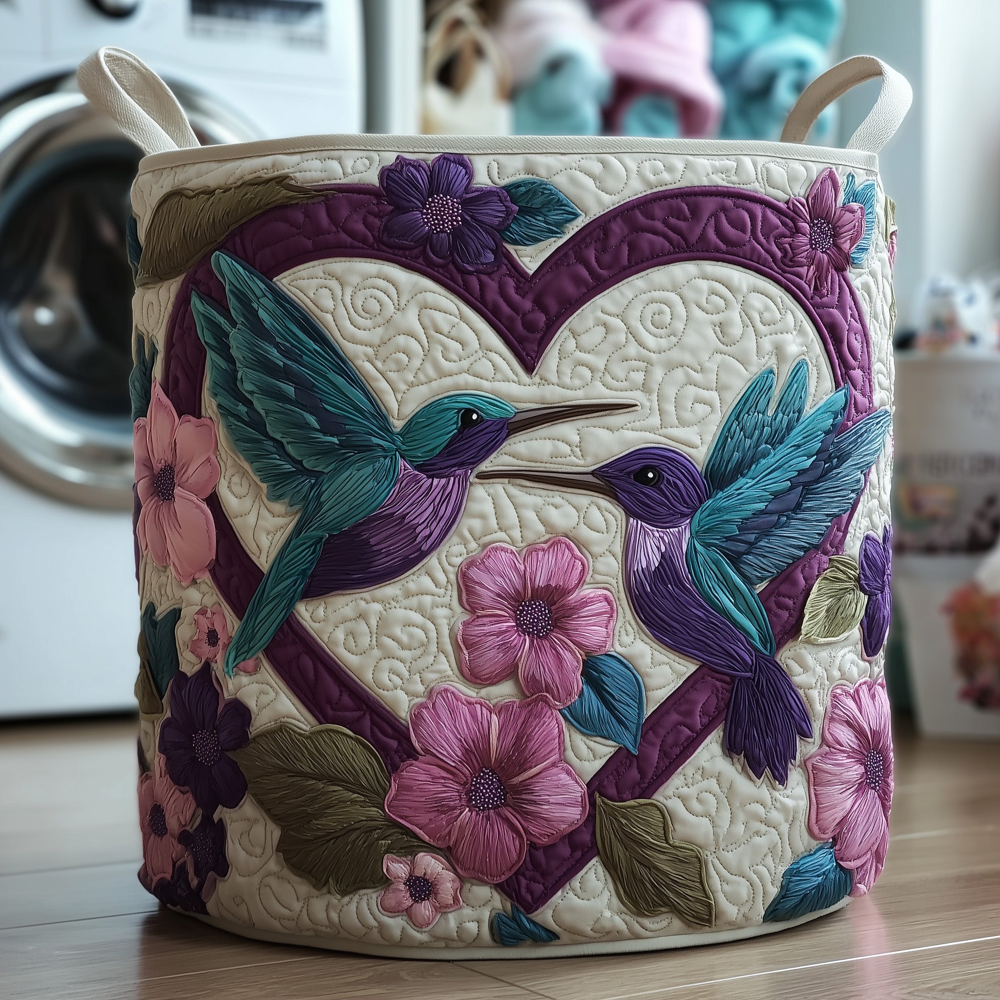 Hummingbird Heaven Quilted Laundry Basket Adorable GIft For Flower Enthusiasts