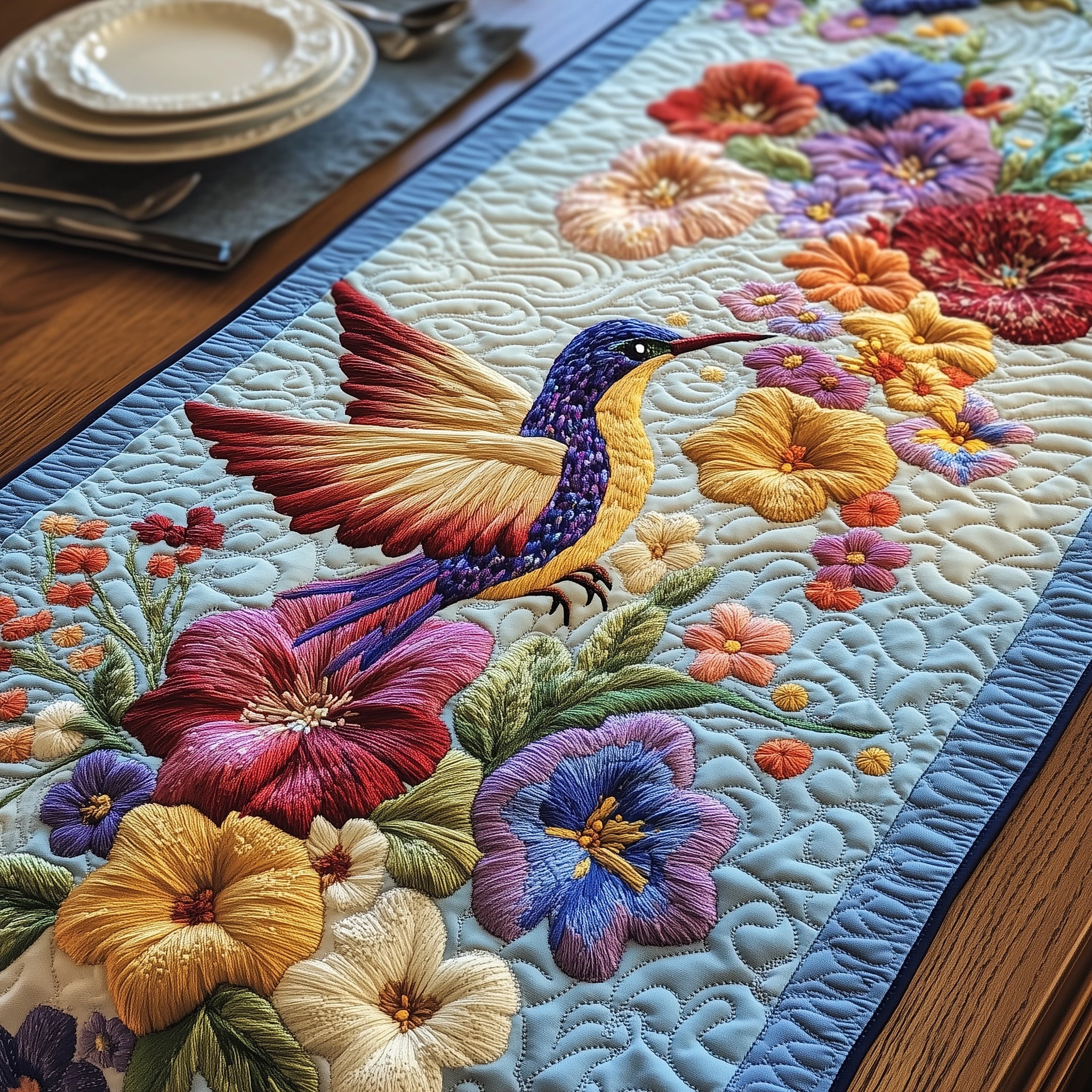 Hummingbird Heaven Quilted Table Runner Holiday Party Table Runner