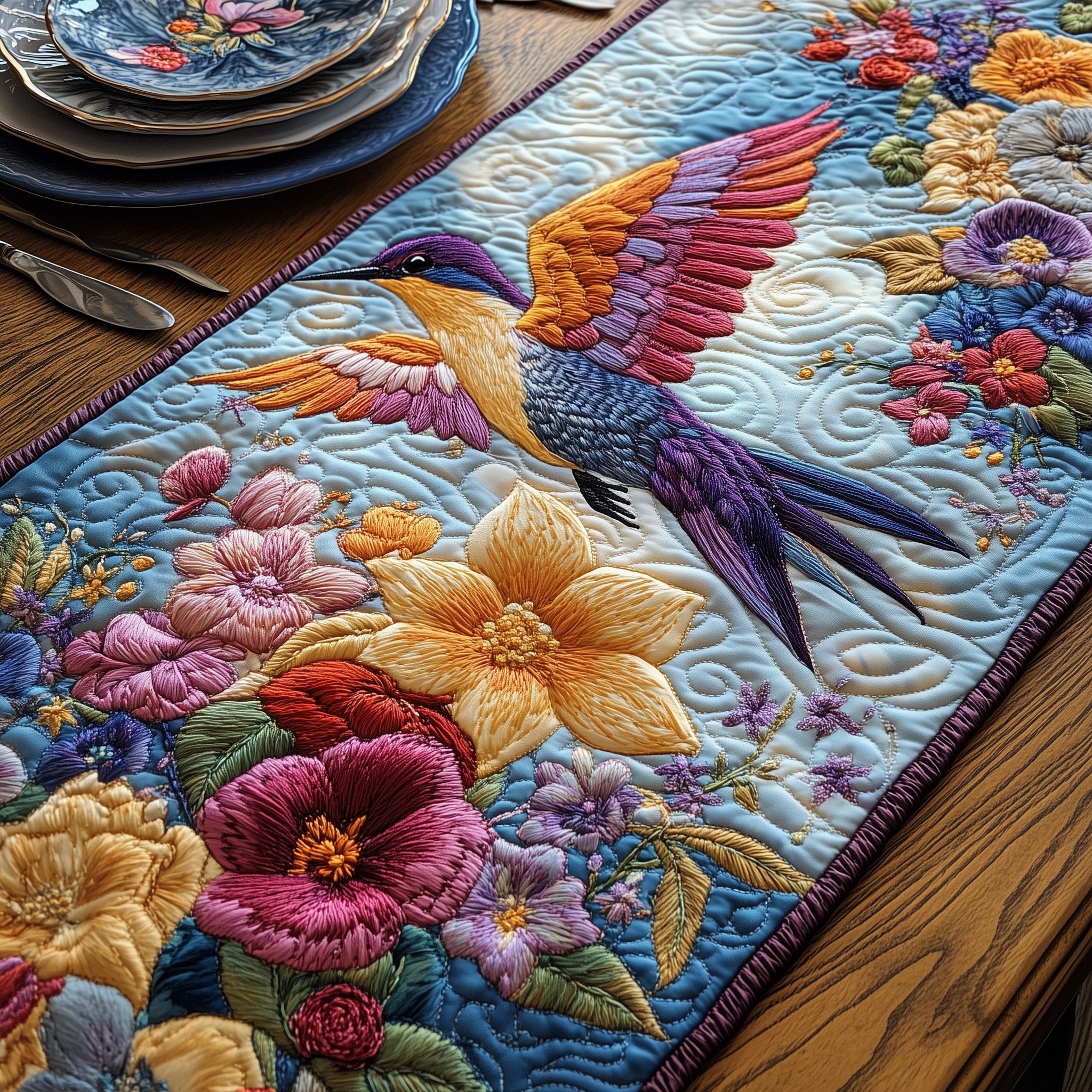 Hummingbird Heaven Quilted Table Runner Holiday Table Runner for Kitchen Decor