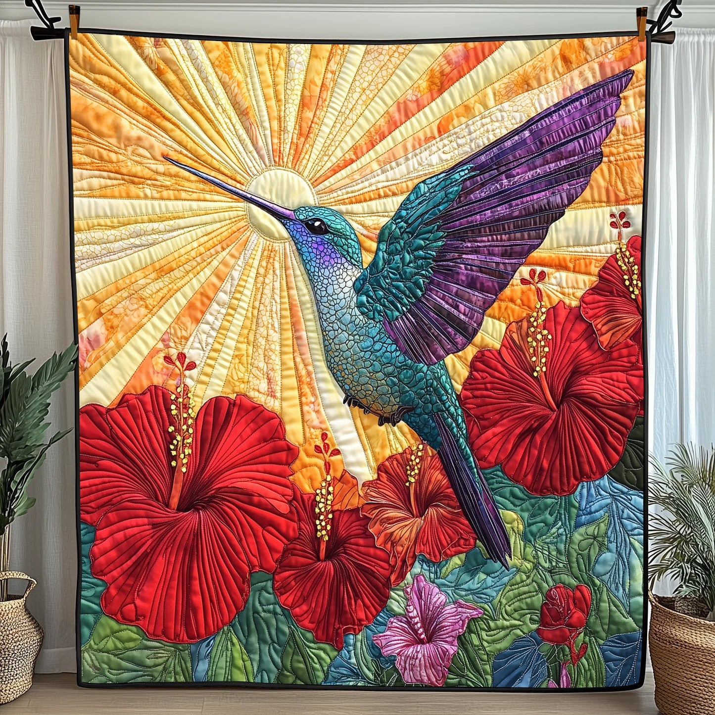 Hummingbird Hibicus Quilted Blanket Cute Cozy BlanketAwesome Gifts For Hummingbird Lovers