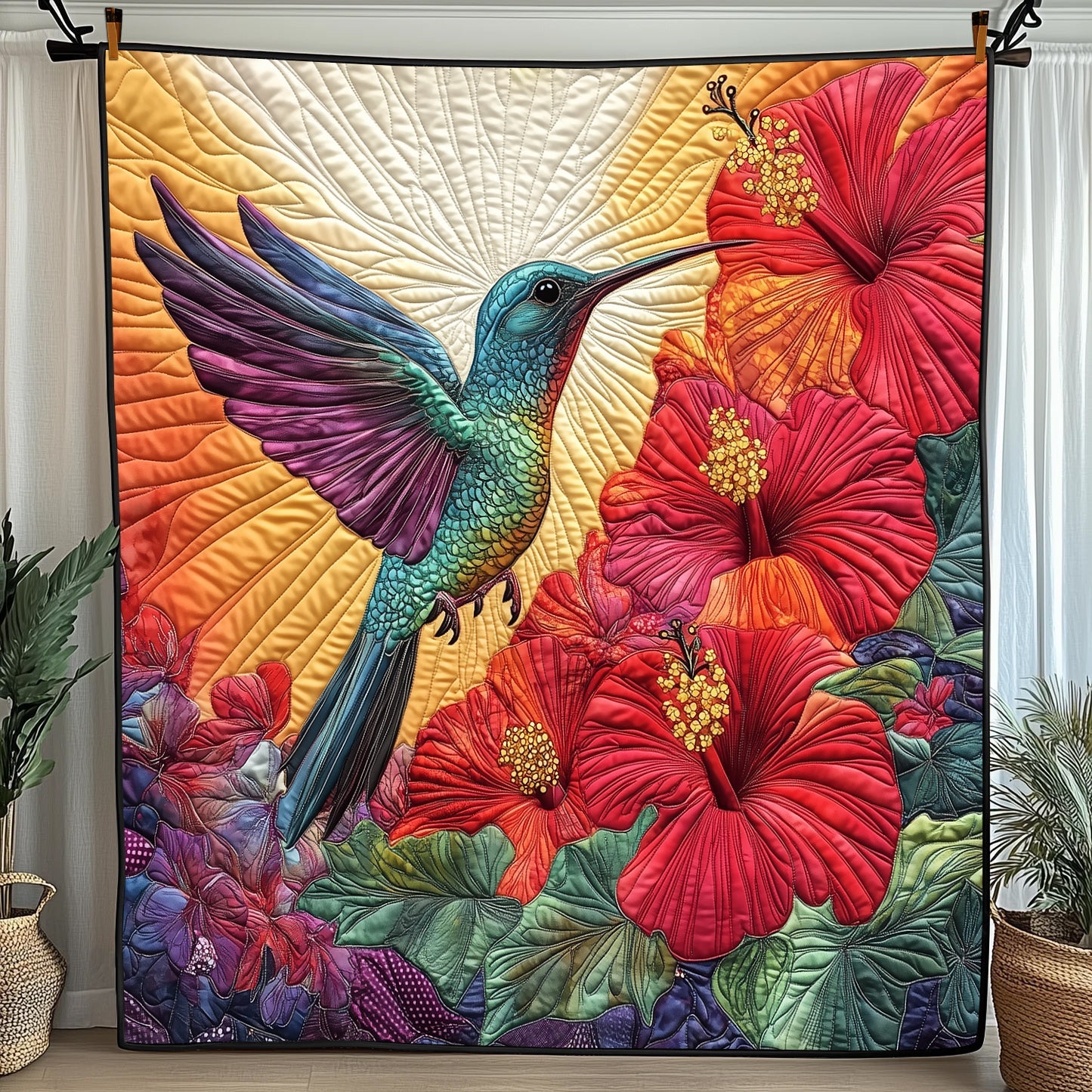 Hummingbird Hibicus Quilted Blanket Cute Cozy BlanketAwesome Hummingbird Gifts  Christmas