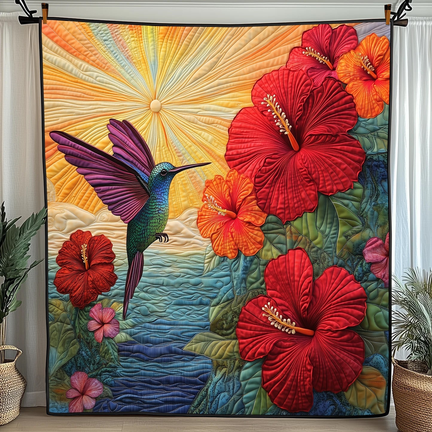 Hummingbird Hibicus Quilted Blanket Cute Cozy BlanketBest Hummingbird Gifts For Men