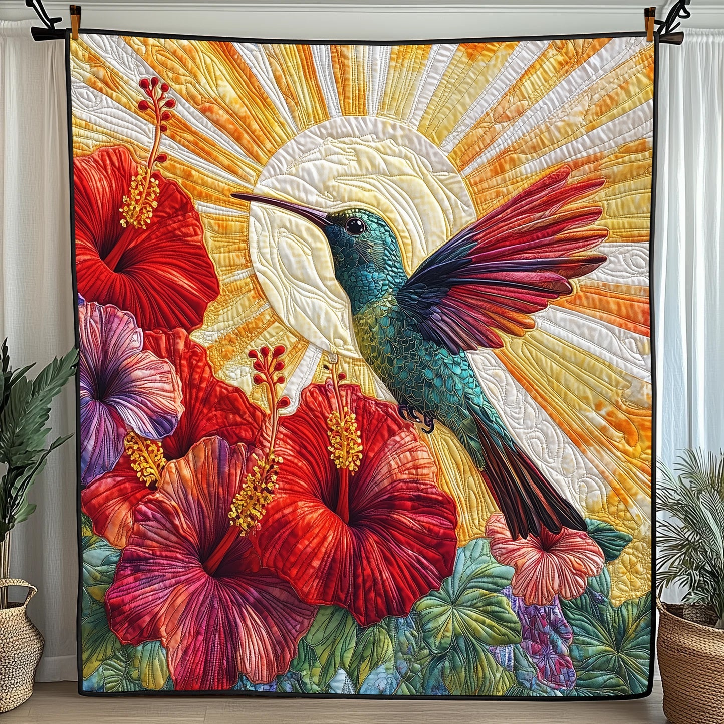 Hummingbird Hibicus Quilted Blanket Cute Cozy BlanketHummingbird Themed Gifts