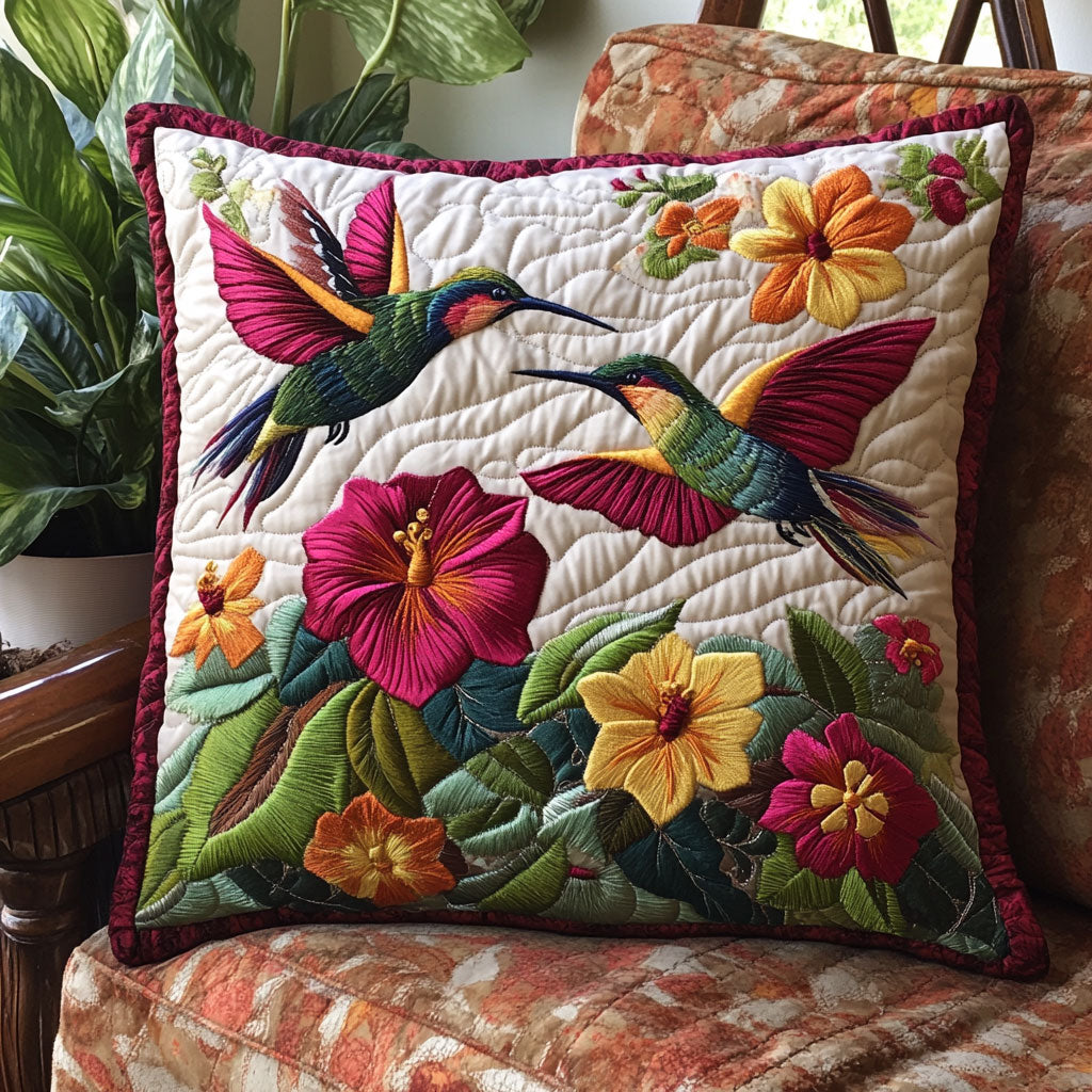 Hummingbird Hibiscus Quilt Pillow Case Elegant Pillow Cover Gift for Home Lovers
