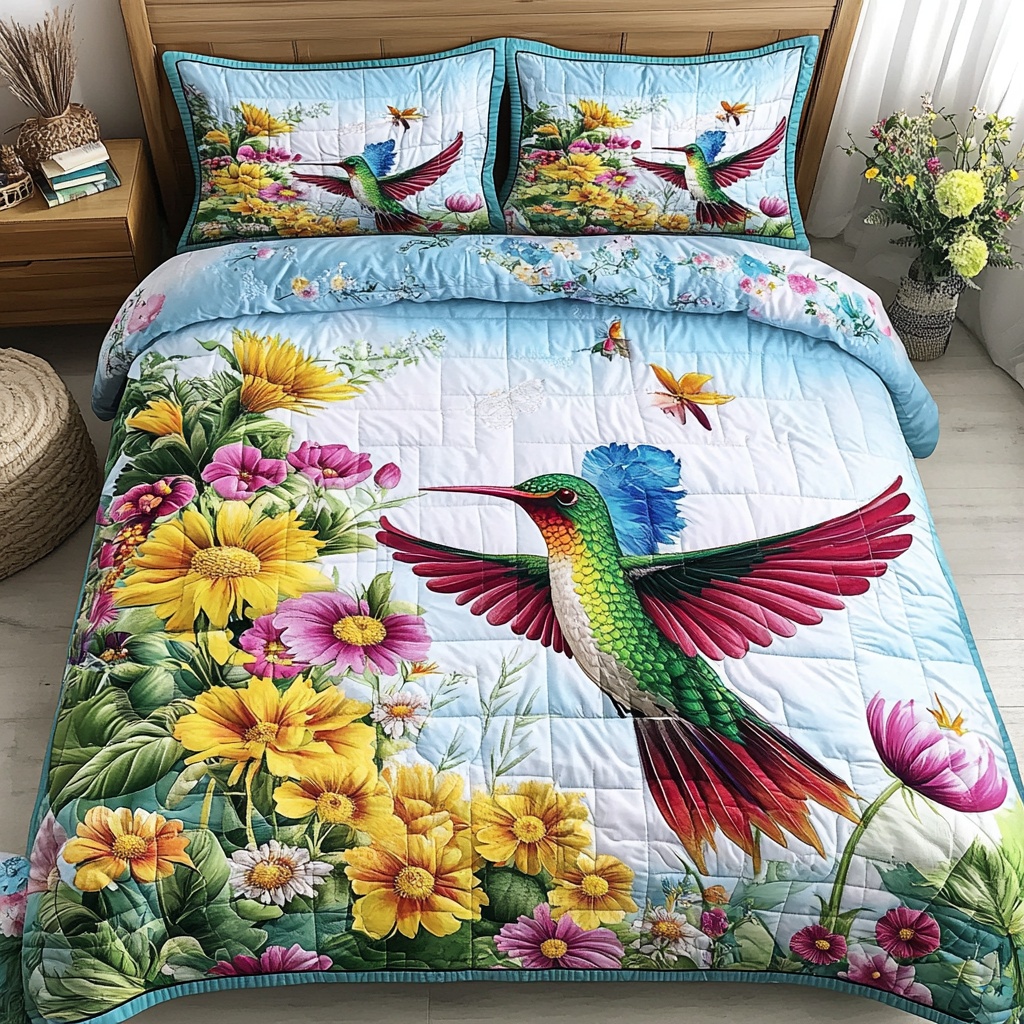 Hummingbird Joy Quilted Bedding Set Floral Bird Bedroom Decor Best Gift For Bird Lovers