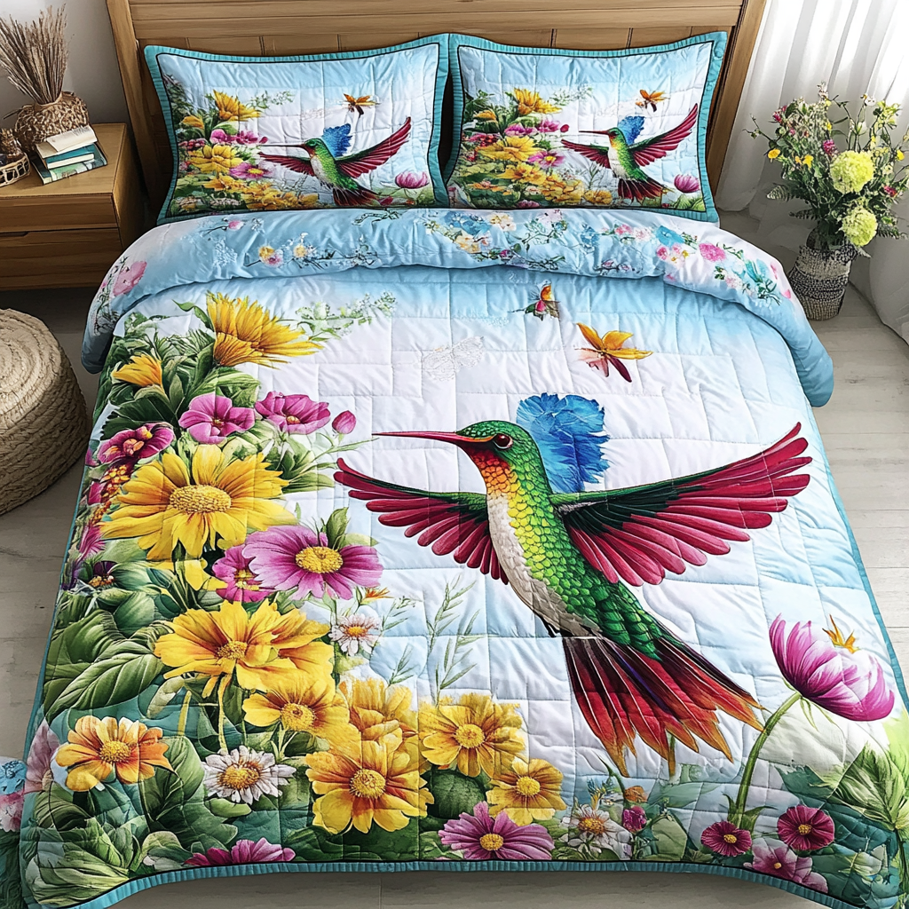 Hummingbird Joy Quilted Bedding Set King Size Comforter Sets Birthday Gift for Wife