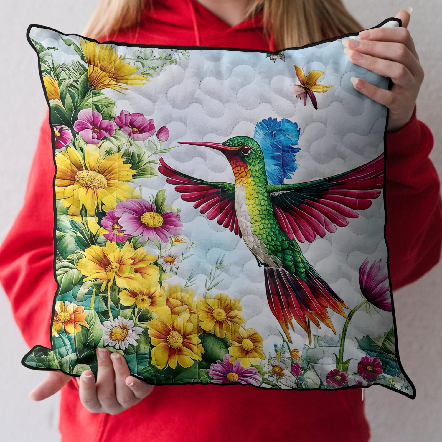 Hummingbird Joy Quilted Pillow Case Cozy Christmas Throw Pillow