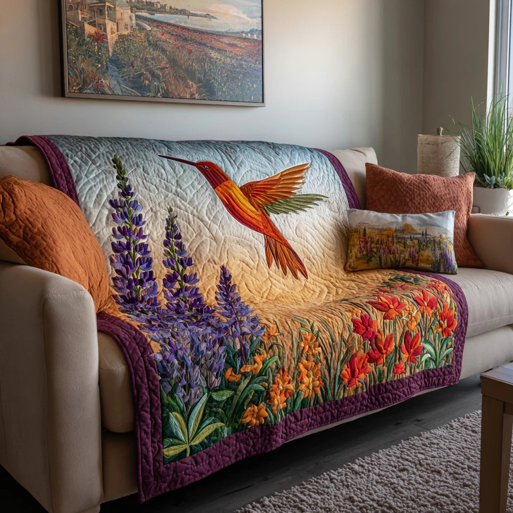 Hummingbird Lavender Quilted Blanket Wildflower Garden Decor Cozy Best Gift For Her Women