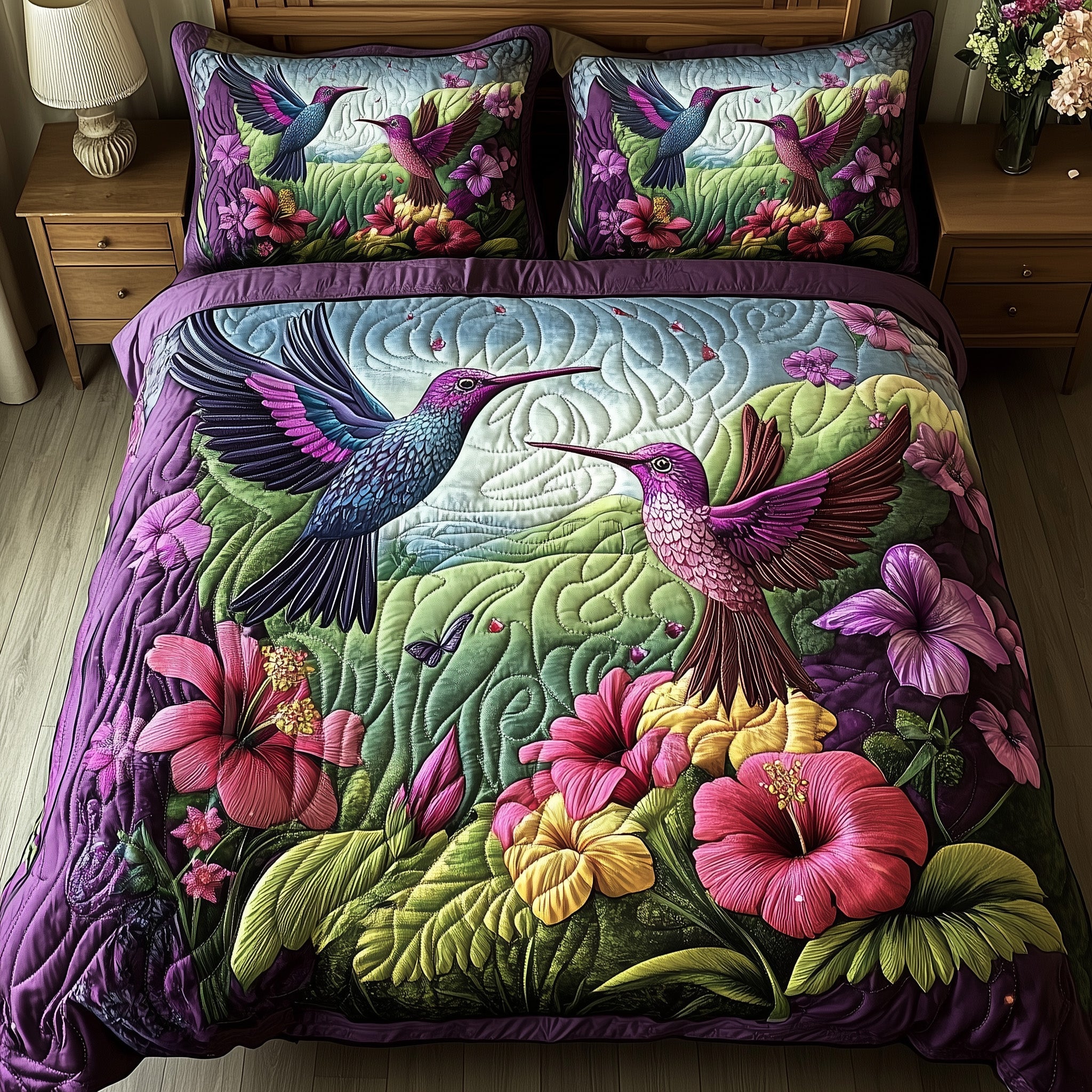 Hummingbird Love Quilted Bedding Set Duvet Cover Bed Sheet Hummingbird Gifts For Her