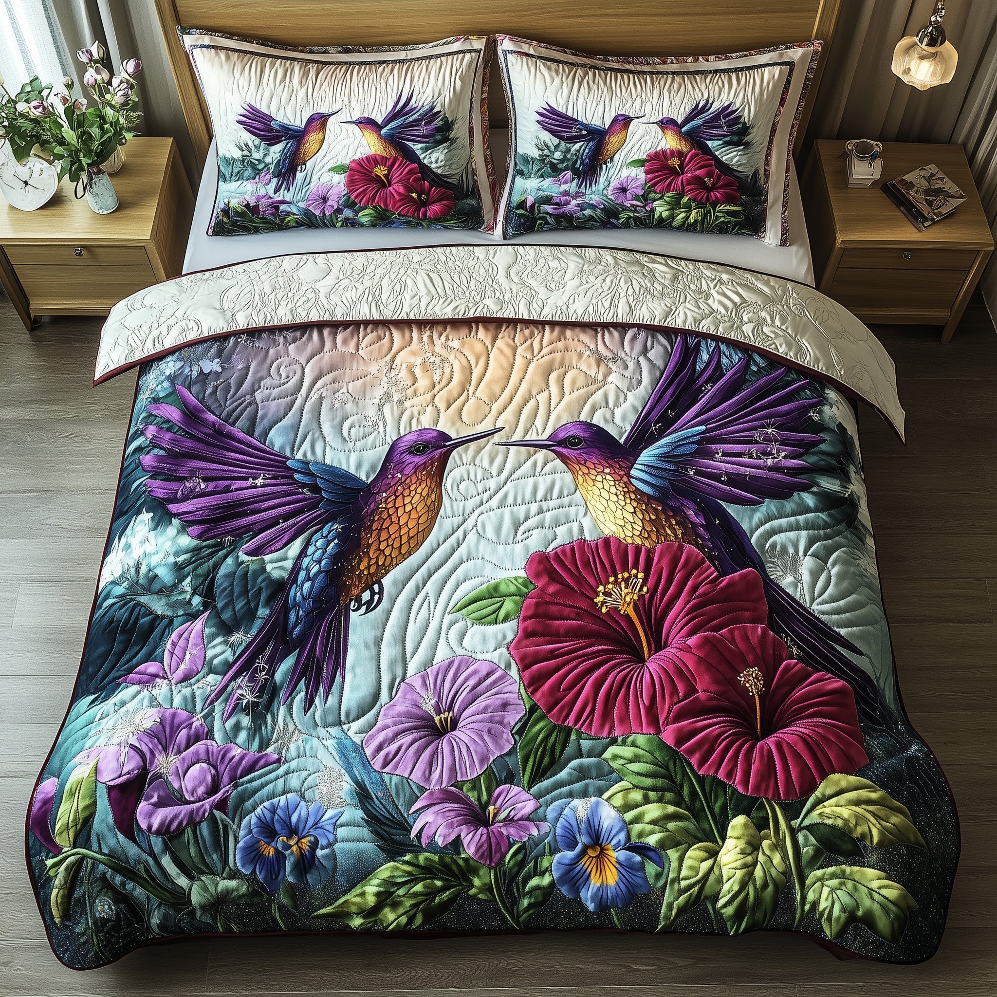 Hummingbird Love Quilted Bedding Set Floral Bird Bedroom Decor Best Gift For Bird Lovers