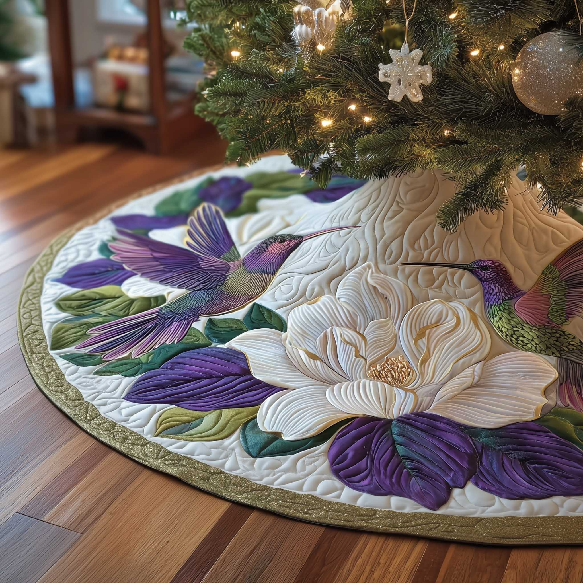 Hummingbird Magnolia Quilted Tree Skirt Nature Home Decor Best Gifts For Flower Lovers