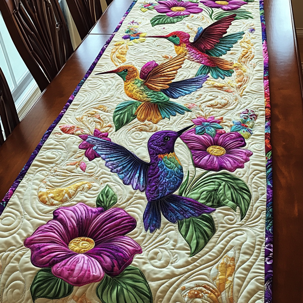 Hummingbird Melody Quilted Table Runner Dinner Table Decor Hummingbird Themed Gifts