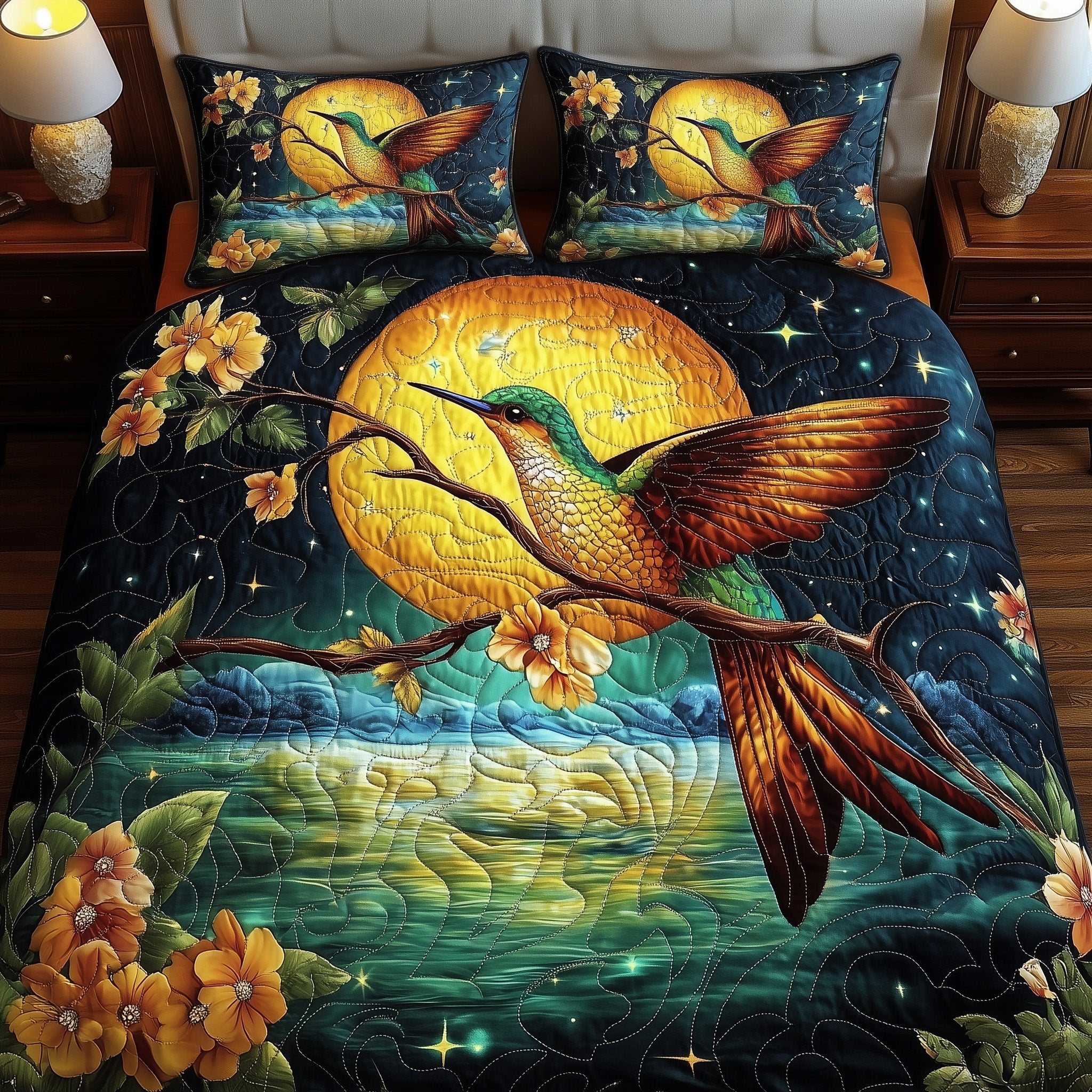 Hummingbird Moon Quilted Bedding Set Duvet Cover Merchandise Best Hummingbird Christmas Gifts