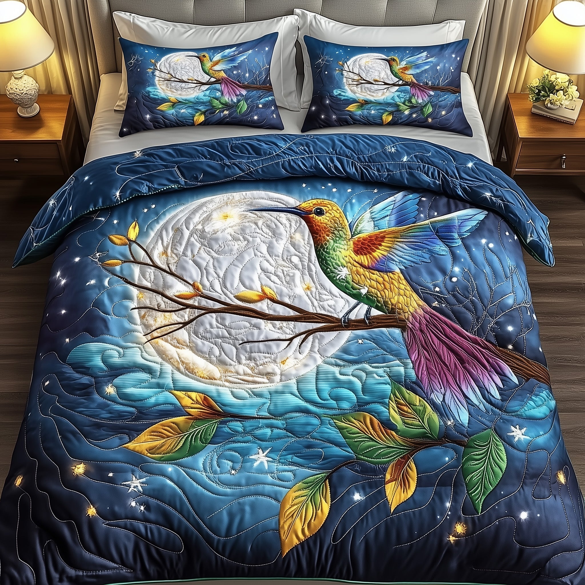 Hummingbird Moon Quilted Bedding Set Duvet Cover Merchandise Best Hummingbird Themed Gifts
