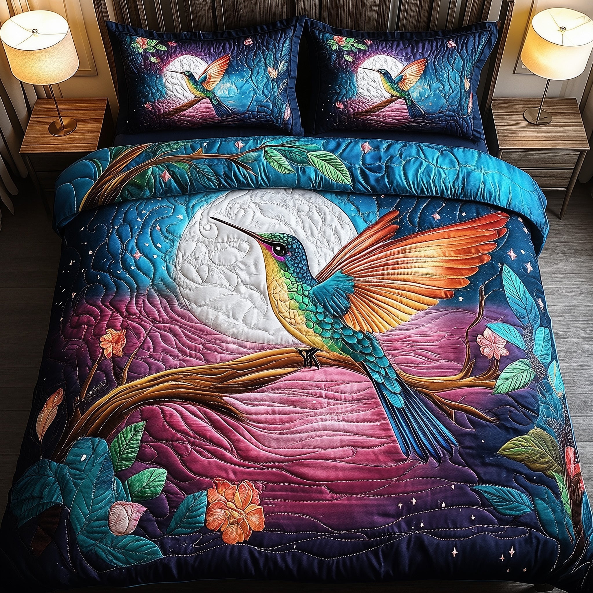 Hummingbird Moon Quilted Bedding Set Duvet Cover Merchandise Hummingbird Gifts For Men