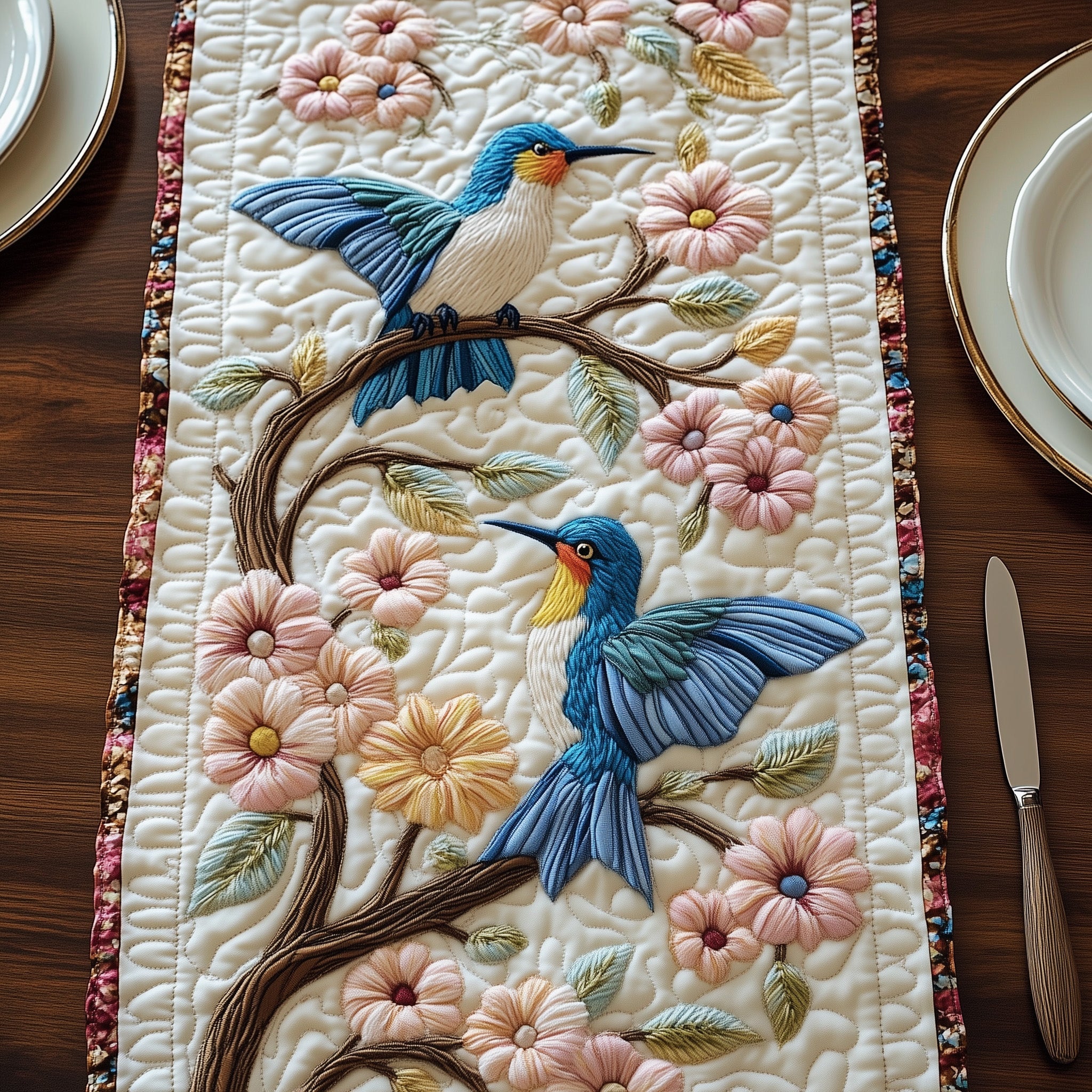 Hummingbird Of Spring Quilted Table Runner Winter Holiday Table Runner Decor