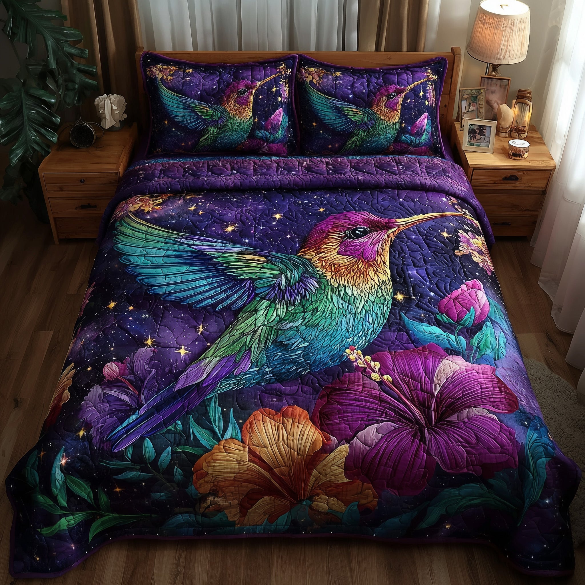 Hummingbird Quilted Bedding Set Floral Print