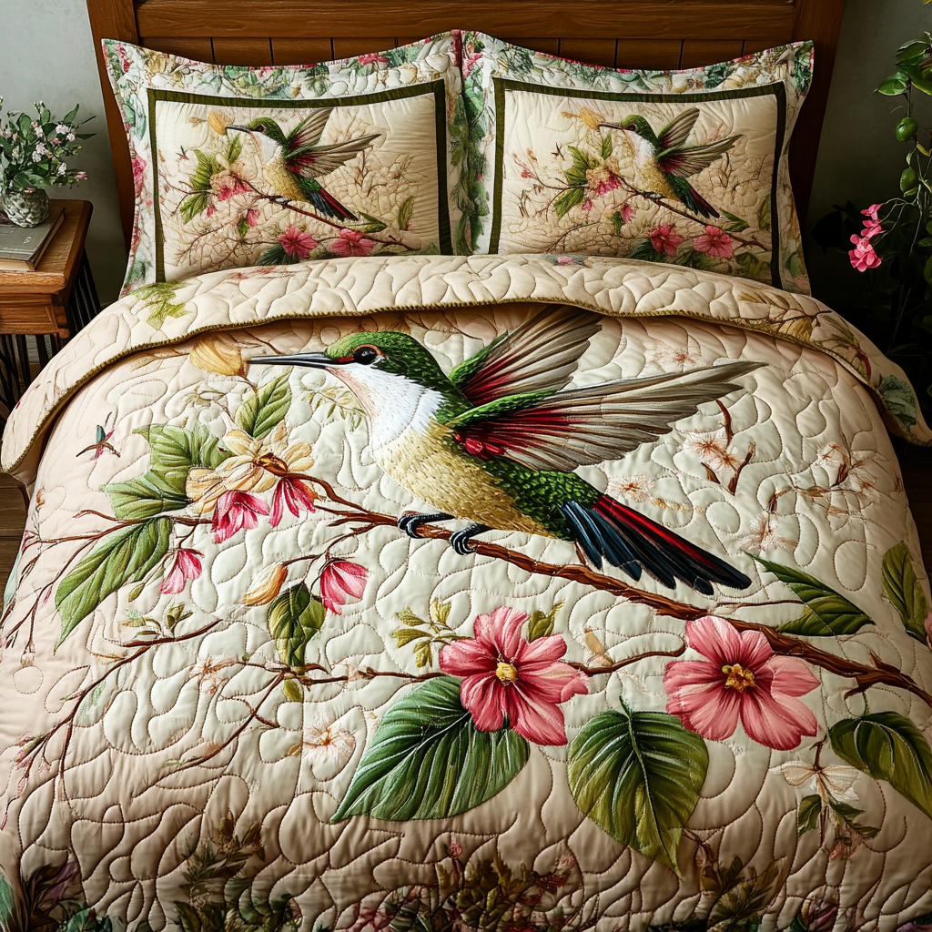 Hummingbird Quilted Bedding Set Holiday Season Duvet Cover Set Gifts For Hummingbird Watchers