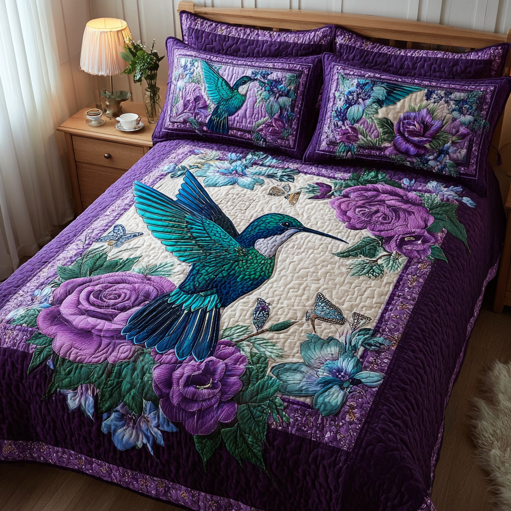 Hummingbird Serenade Quilted Bedding Set Aesthetic Room Decor Gifts For Hummingbird Lovers