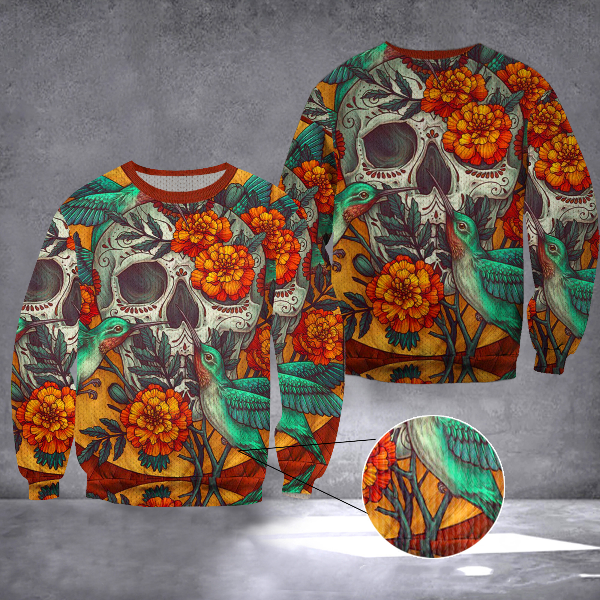Hummingbird Skull Floral Skull Sweater Mens Womens Christmas Sweater Best 2024 Gifts