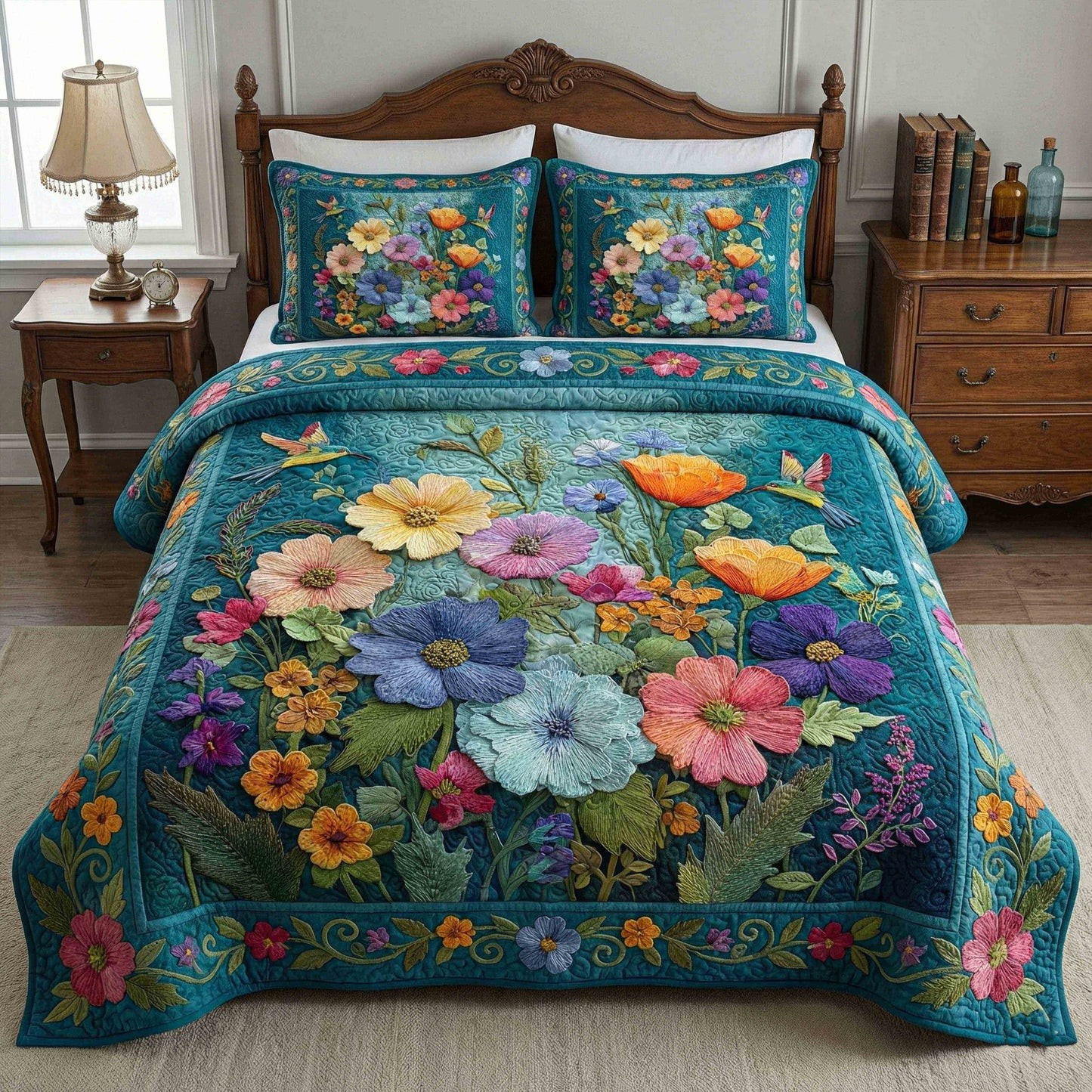 Hummingbird Spring Flower 3-Piece Quilted Bedding Set Floral Bedspread Best Gift For Her Mom