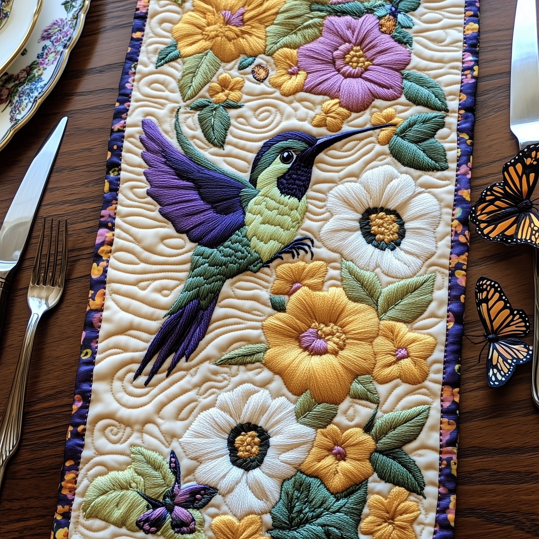 Hummingbird Springtime Quilted Table Runner Christmas Table Runner Decoration