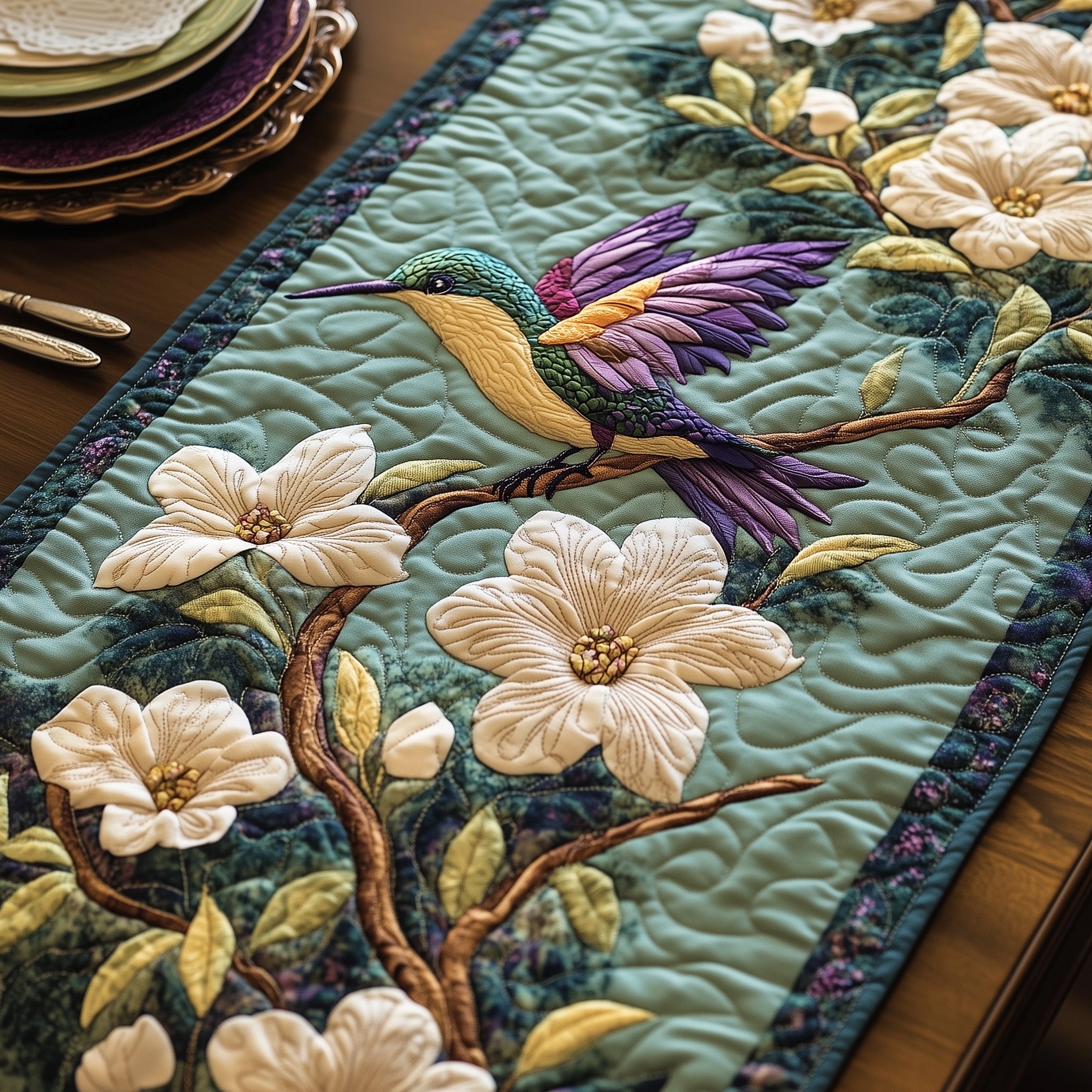 Hummingbird Springtime Quilted Table Runner Cozy Winter Table Runner for Home