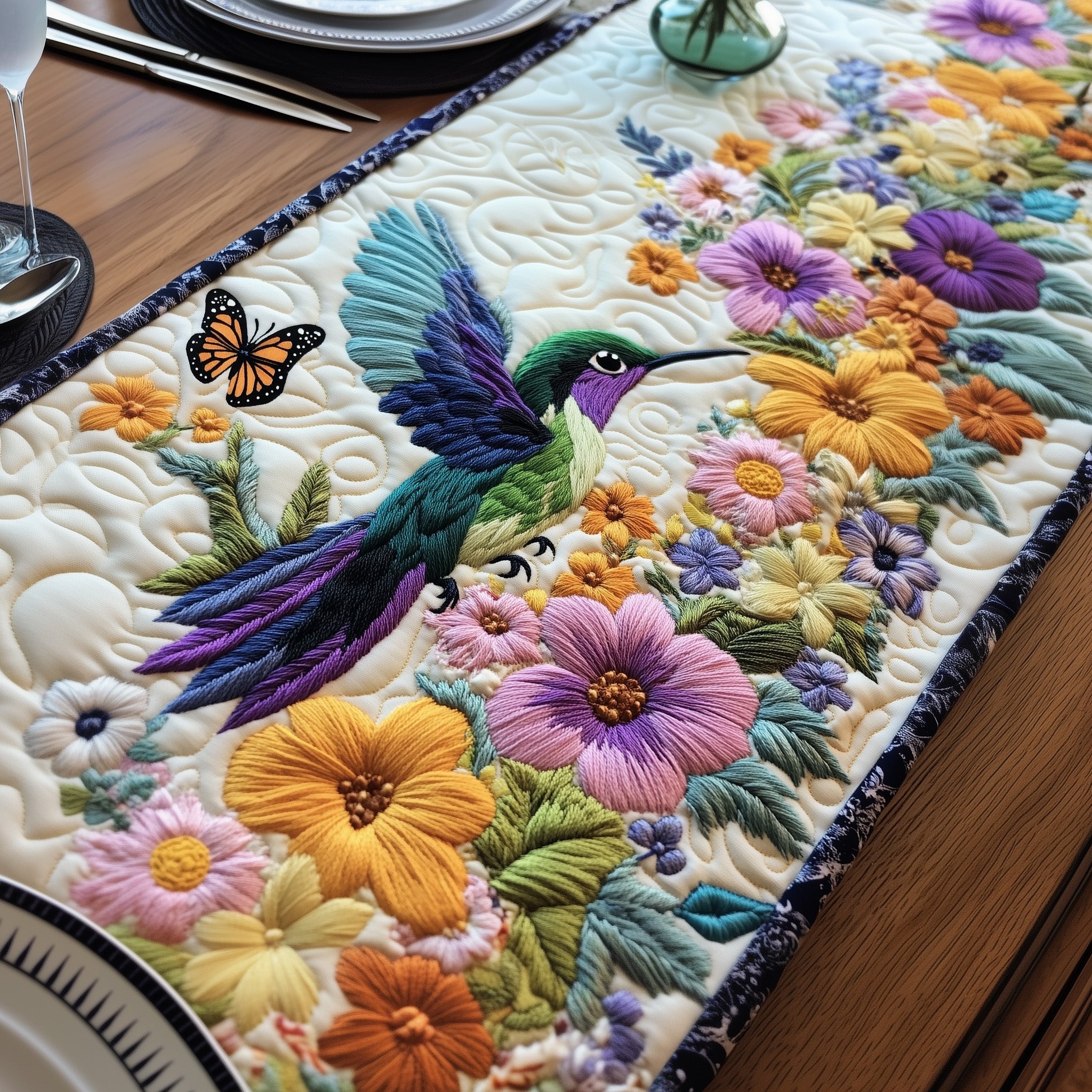 Hummingbird Springtime Quilted Table Runner Elegant Christmas Table Runner