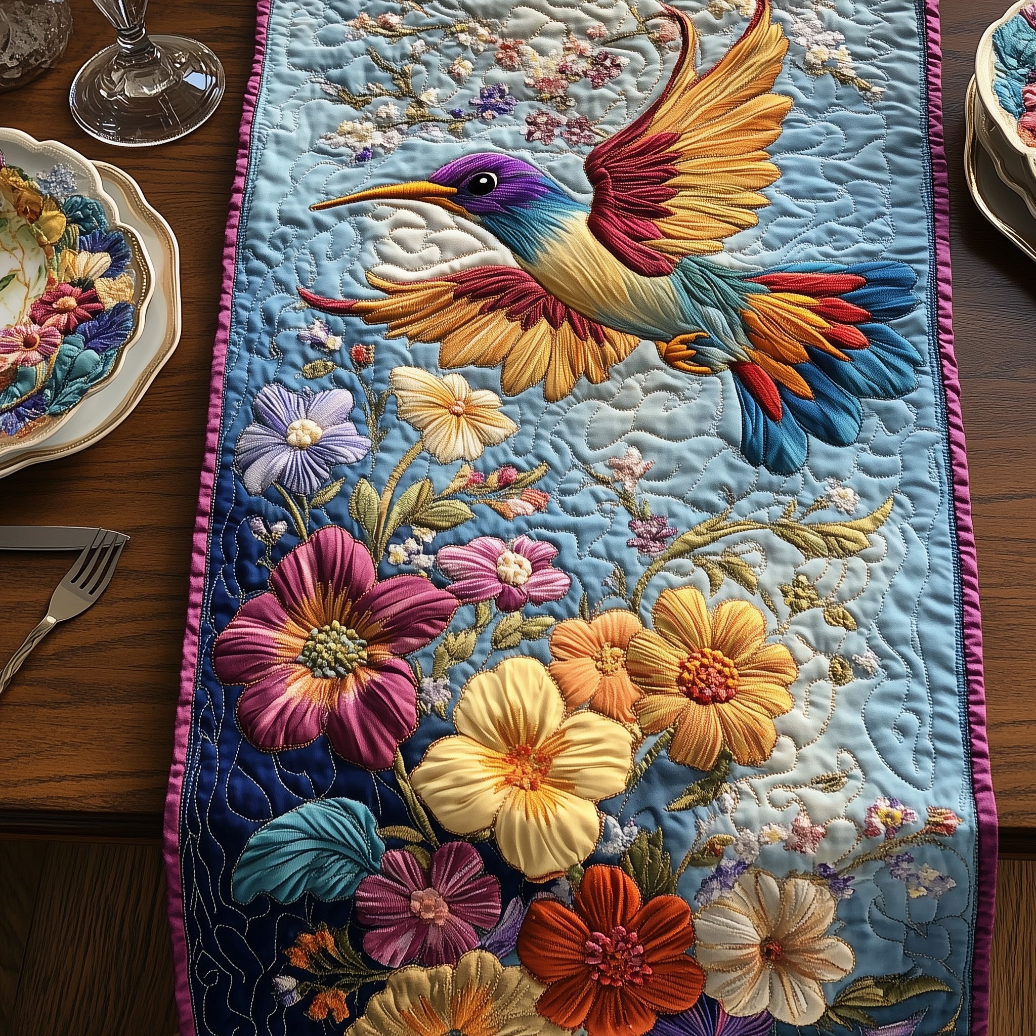 Hummingbird Springtime Quilted Table Runner Holiday Dinner Table Runner