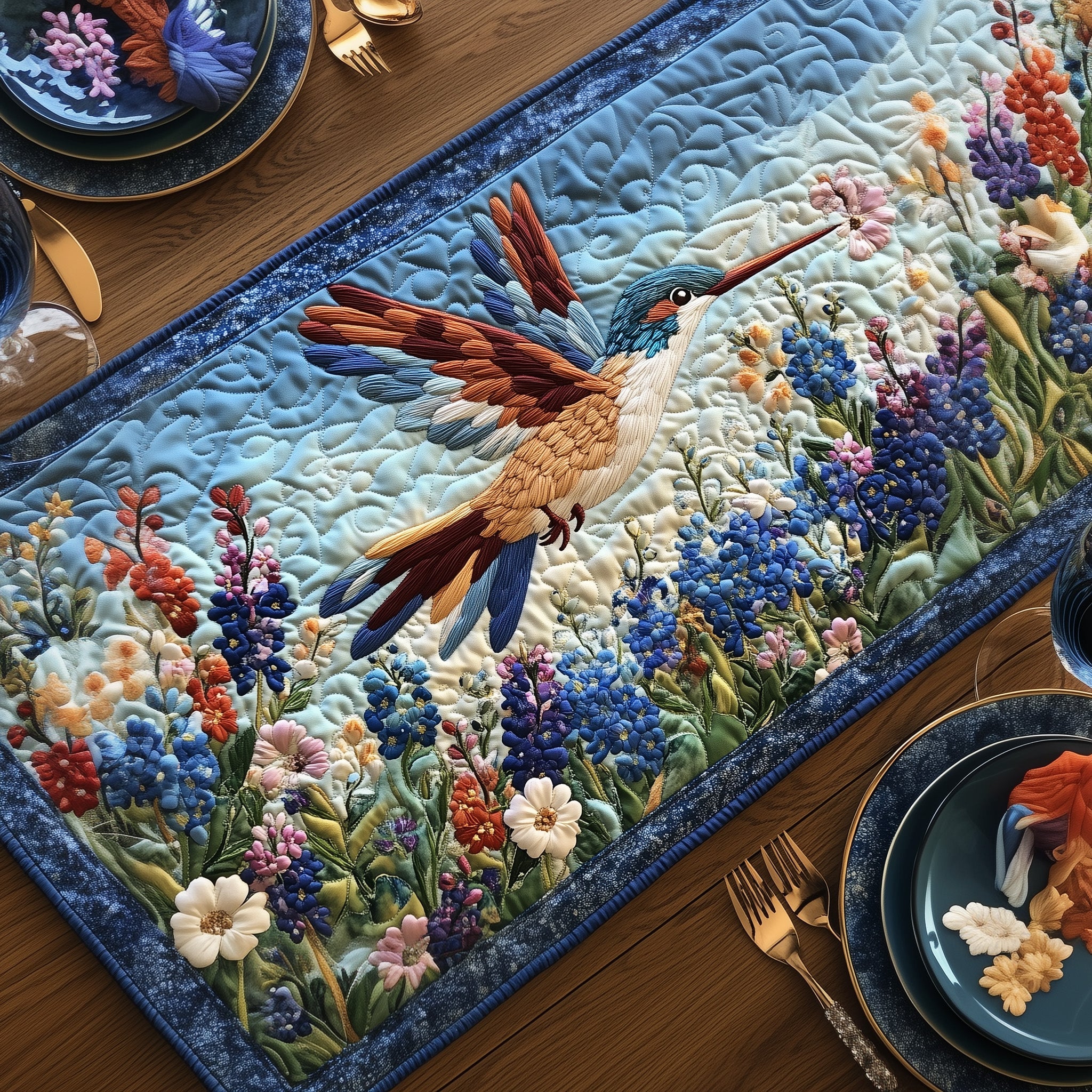Hummingbird Springtime Serenade Quilted Table Runner Festive Holiday Table Runner Decor