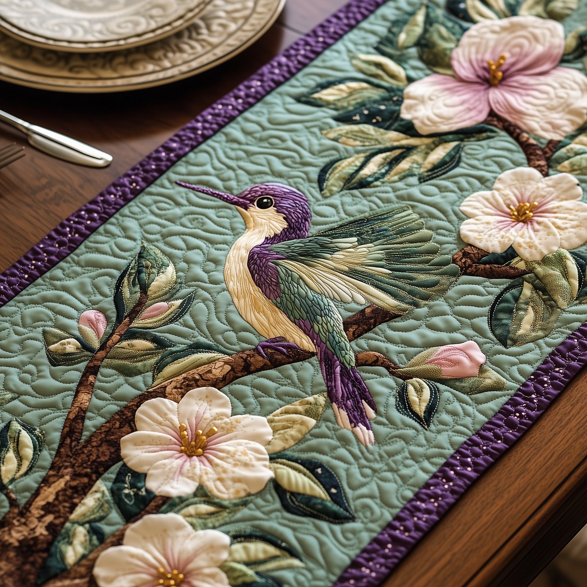 Hummingbird Springtime Serenade Quilted Table Runner Winter Table Runner