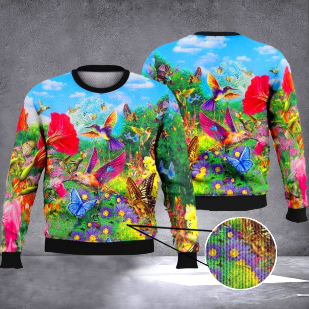Hummingbird Sweater Colorful Flower Garden Hummingbird Clothing Gift For Him Her