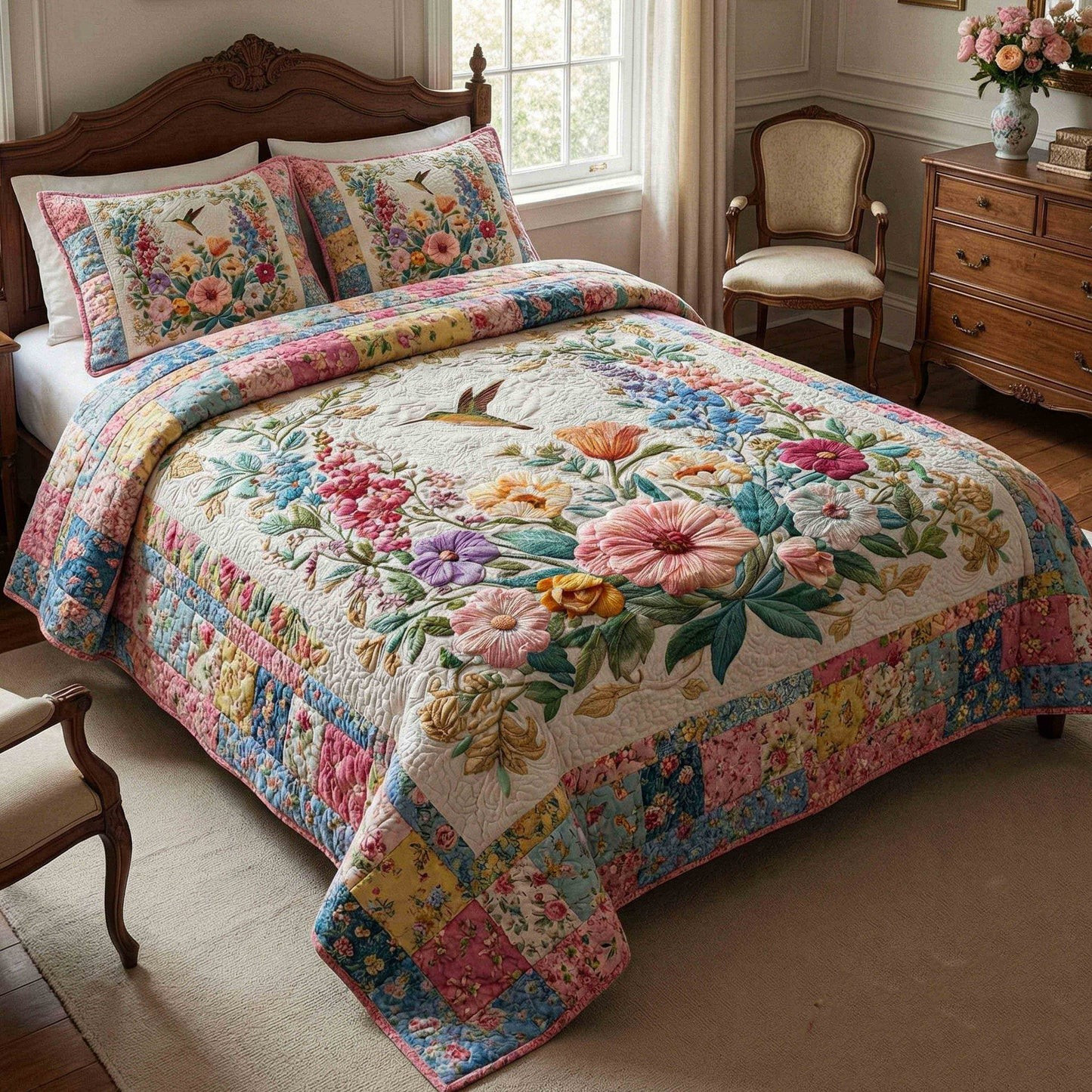 Hummingbird Wildflower 3-Piece Quilted Bedding Set Floral Bedspread Best Gift For Nature Lovers