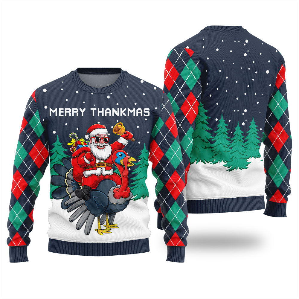 Humorous Merry Thankmas Thanksgiving Day Sweater Navy Christmas Merch Gift That Brings Joy and Warmth