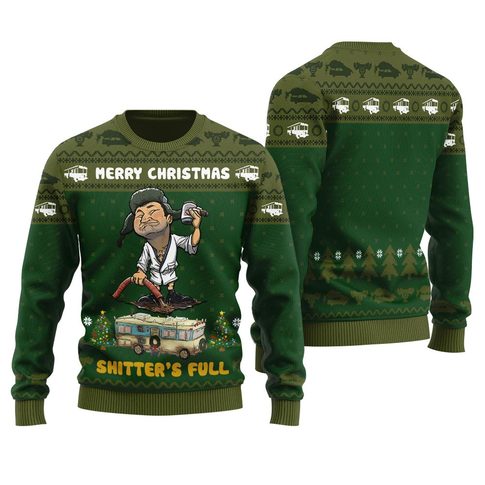 Humorous Shitters Full Mens Holiday Sweater Forest Green Merry Christmas Sweatshirt for Holiday Fun