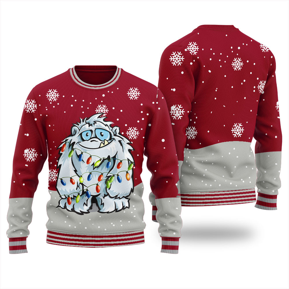 Humorous Yeti Ugly Holiday Sweater Cardinal Red Cute Christmas Sweatshirt for Holiday Spirit