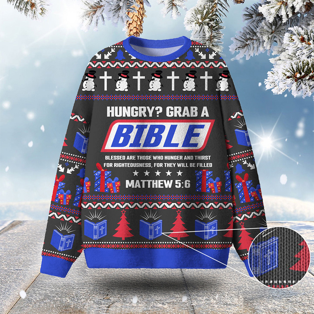 Hungry Grab A Bible Ugly Christmas Sweater Christian Inspired Winter Apparel Xmas Gifts