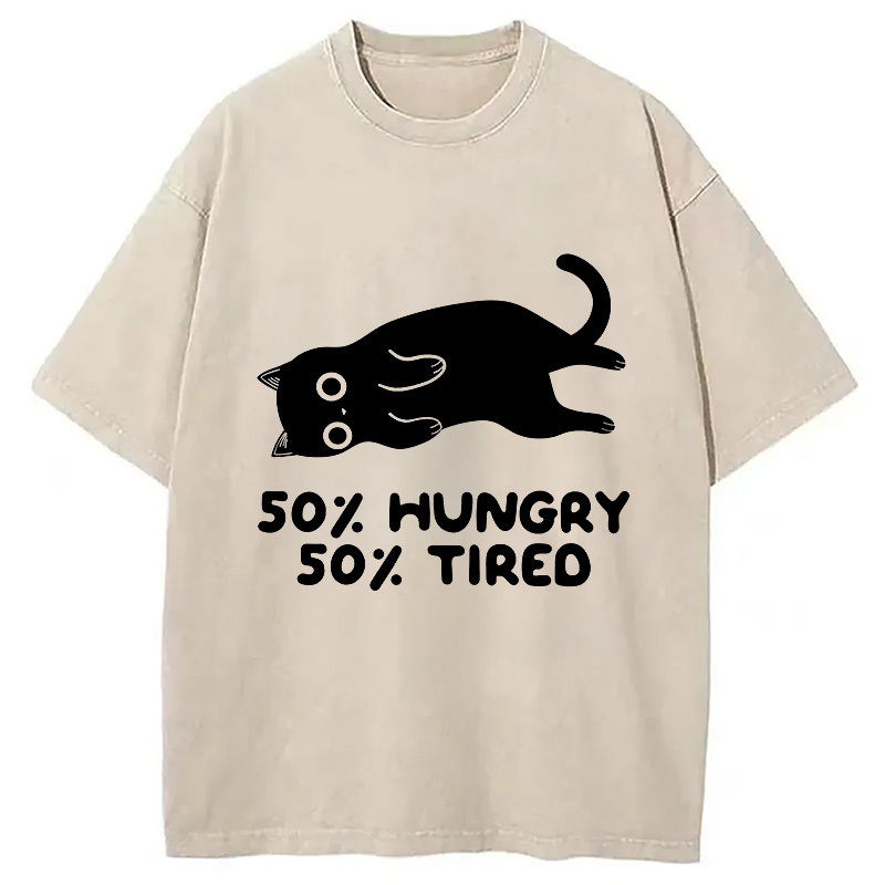 Hungry Tired Black Cat Funny Washed T-Shirt Retro Humor Graphic Top Gifts For BFF