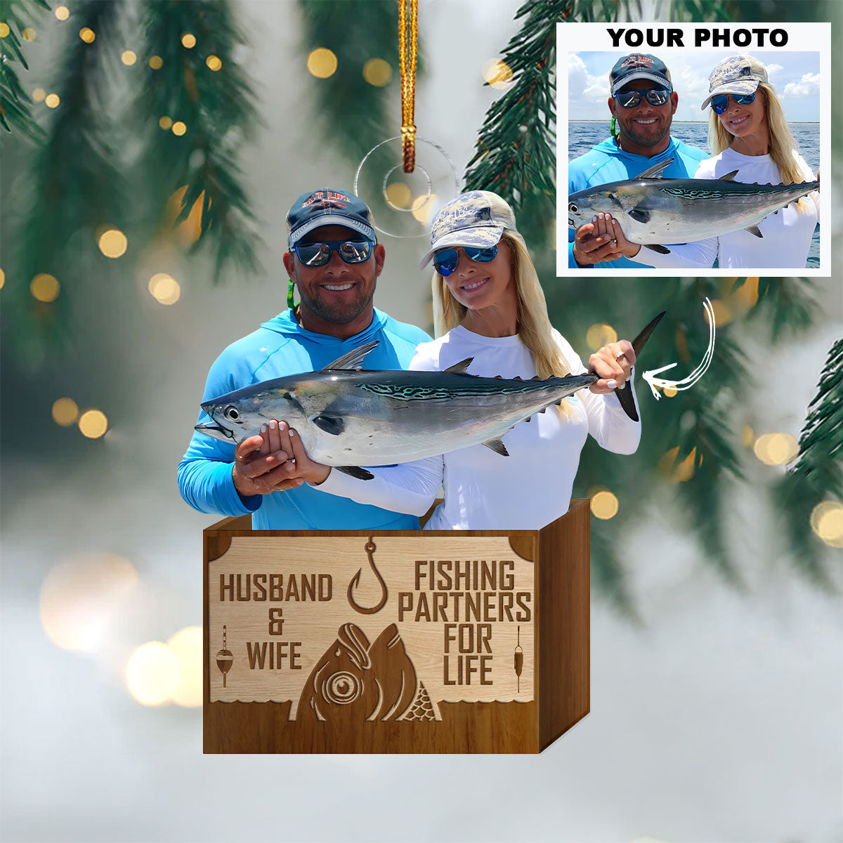 Husband Wife Fishing Partner For Life Personalized Photo Mica Ornament Christmas Gift