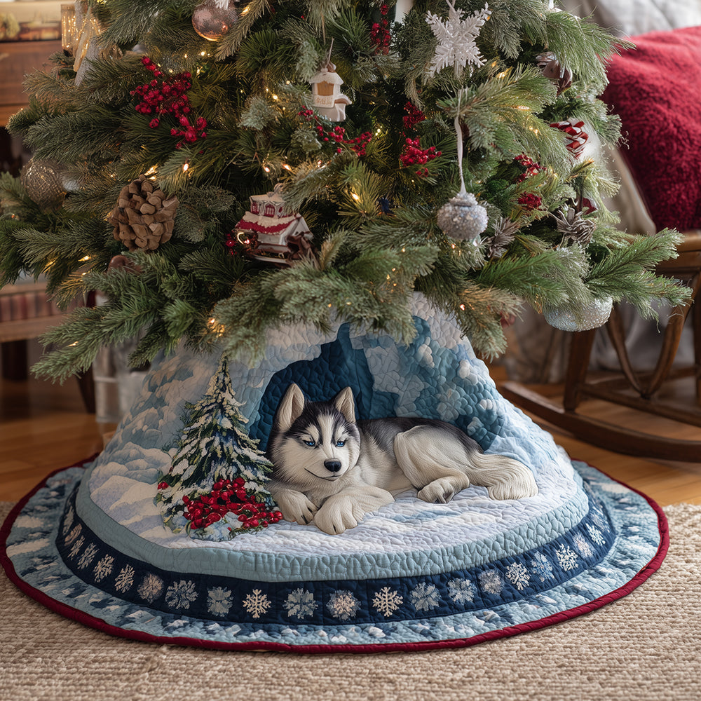 Husky Arctic Eve Christmas Quilted Tree Skirt Xmas Indoor Decorations Best Gifts For Huskies
