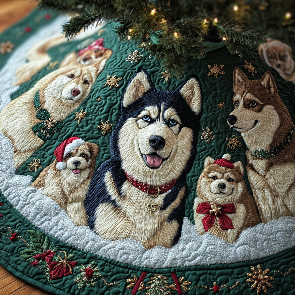 Husky Blessing Christmas Quilted Tree Skirt Luxury Quilted Tree Skirt with Decorative Stitching