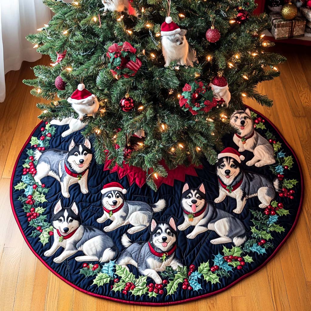 Husky Charm Christmas Quilted Tree Skirt Trending Christmas Tree Skirt Merch 2025