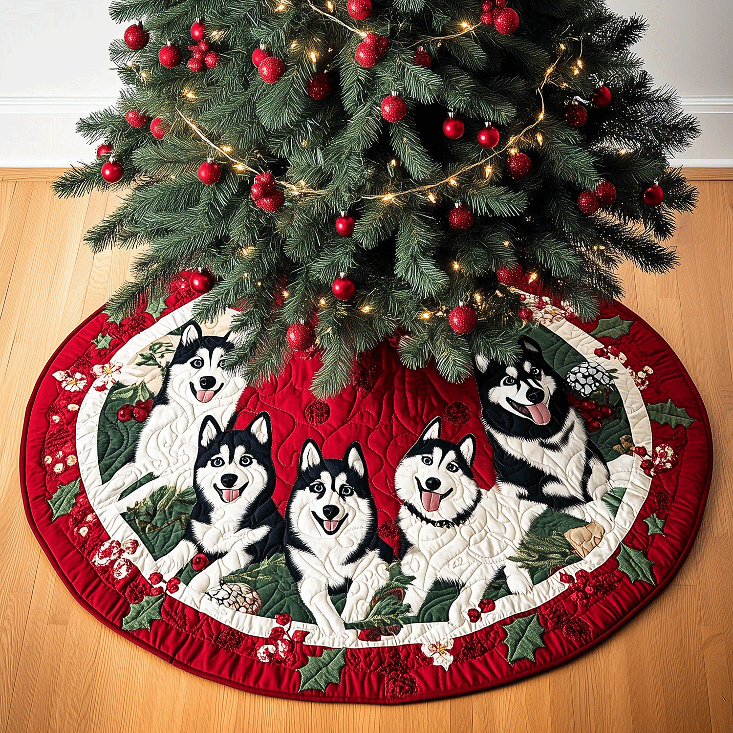 Husky Cheer Quilted Christmas Tree Skirt Lovely Holiday Tree Skirt for Festive Vibes